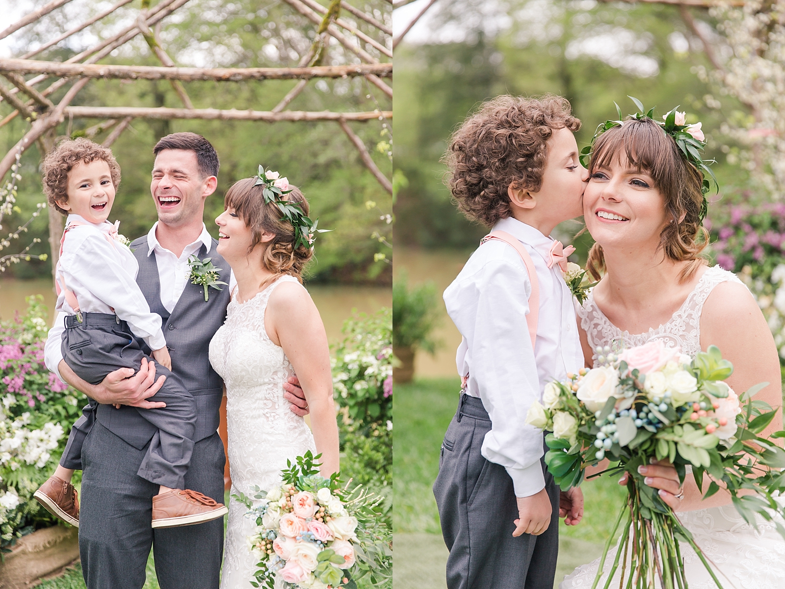 Black Fox Farms Wedding Bride and Groom Laughing with Son and Bride with Her Son Photos