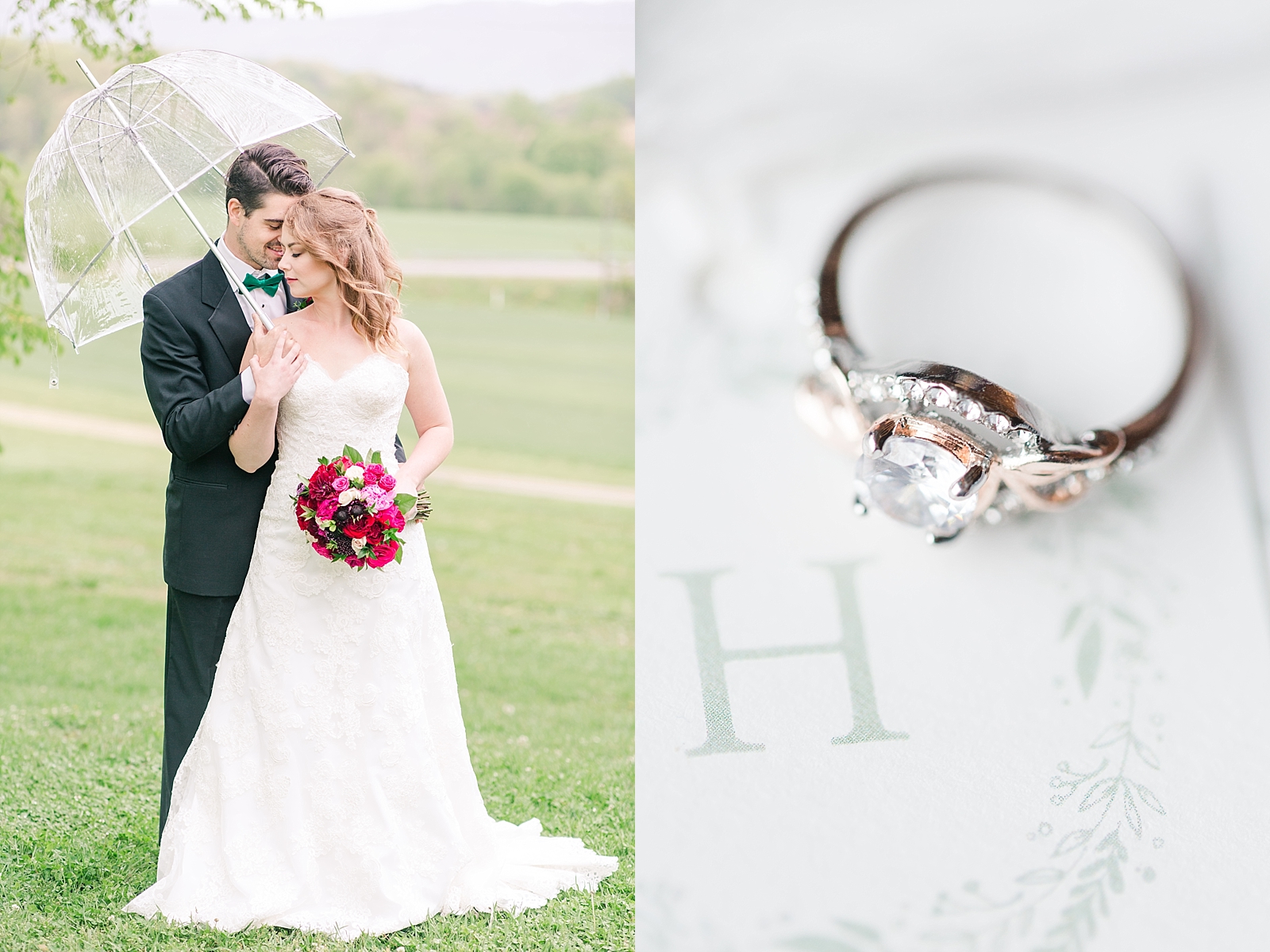 Hiwassee Farm Venue Wedding Bride and Groom with Umbrella and Ring Detail Photos