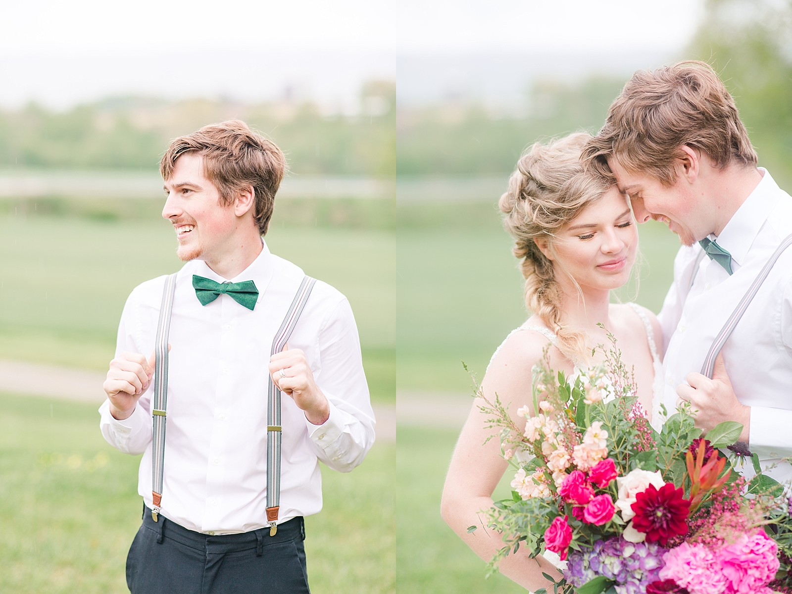 Hiwassee Farm Venue Wedding Groom with Suspenders and Bride and Groom Snuggling Photos