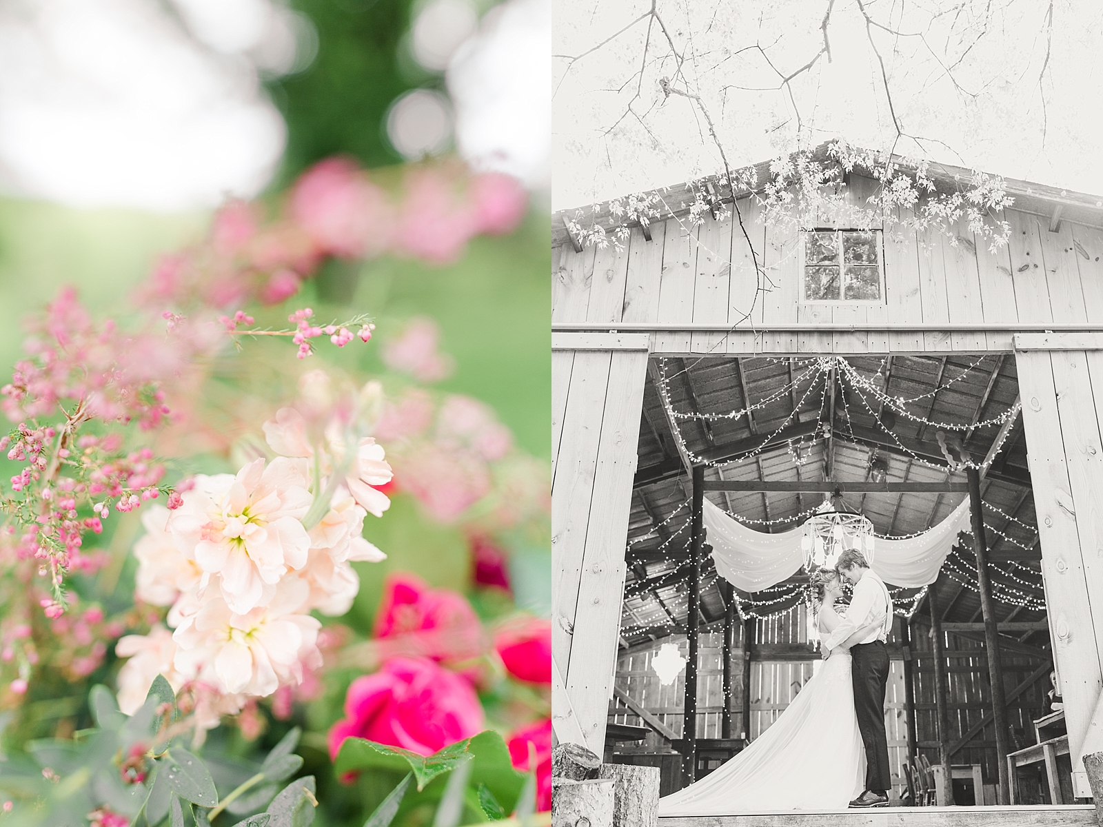 Hiwassee Farm Venue Wedding Flower Detail and Bride and Groom Black and White Photos