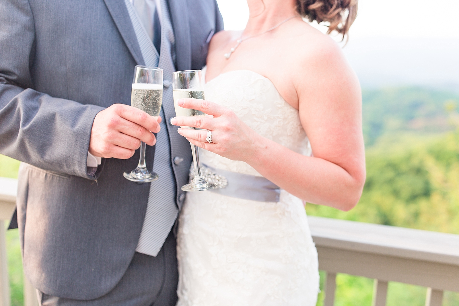 Hawkesdene Wedding Bride and Groom Toasting With View of Mountains Photo