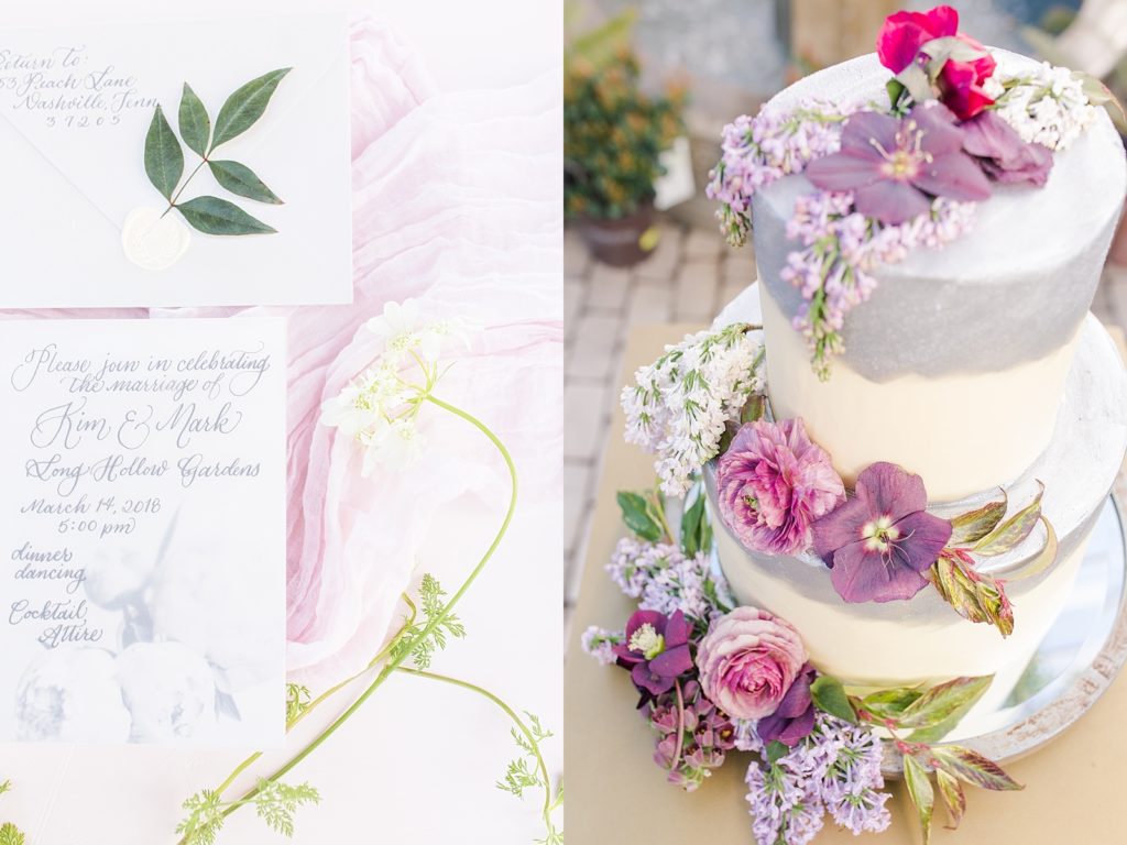 Long Hollow Gardens Wedding Invitation Suite and Cake Detail Photos 