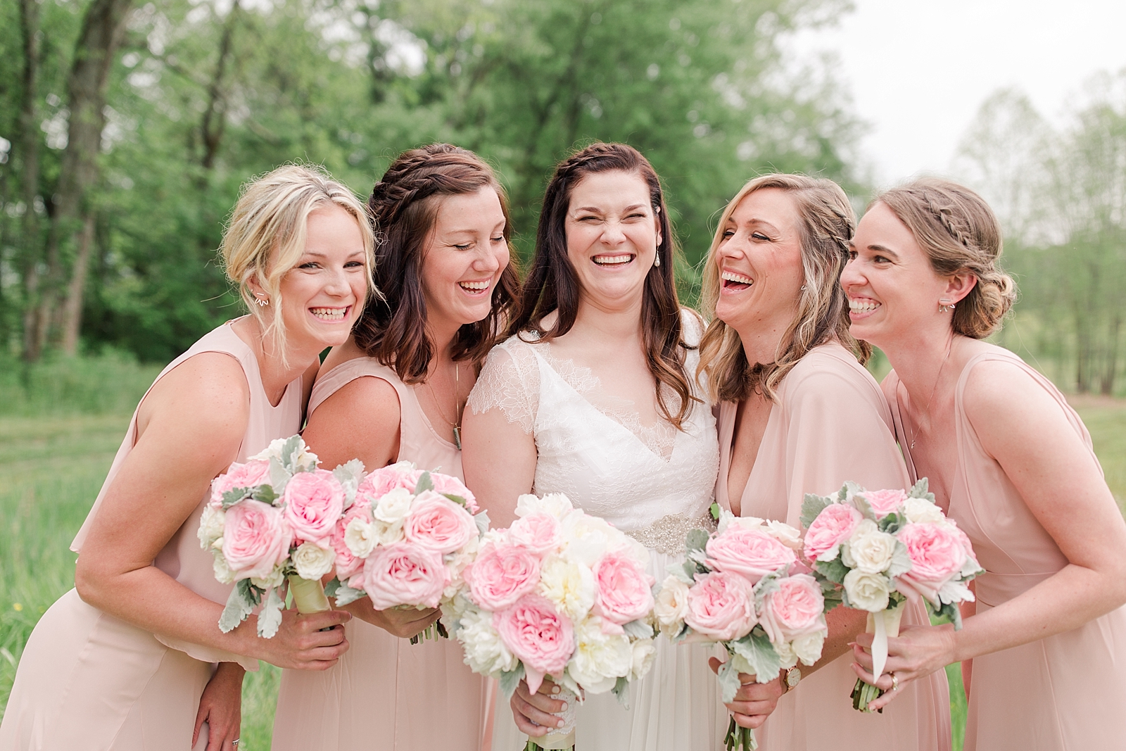 McGuire's Millrace Farm Wedding Bride and Bridesmaids Laughing Photo