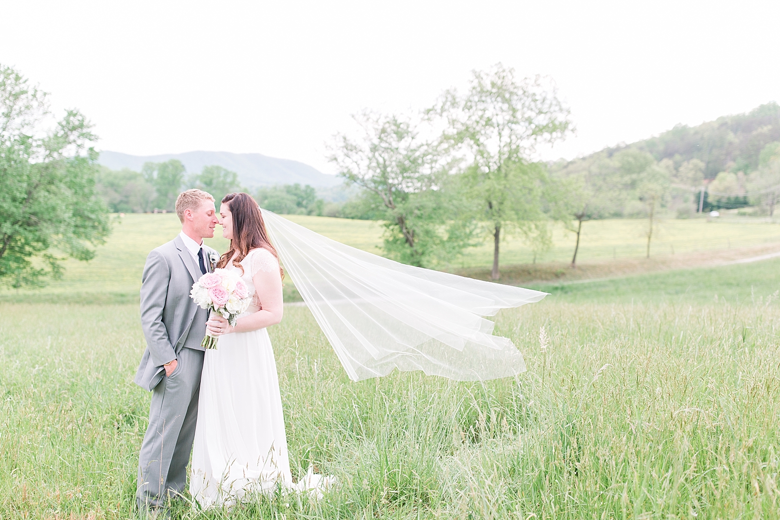 McGuire's Millrace Farm Wedding Bride and Groom Veil Blowing Photo