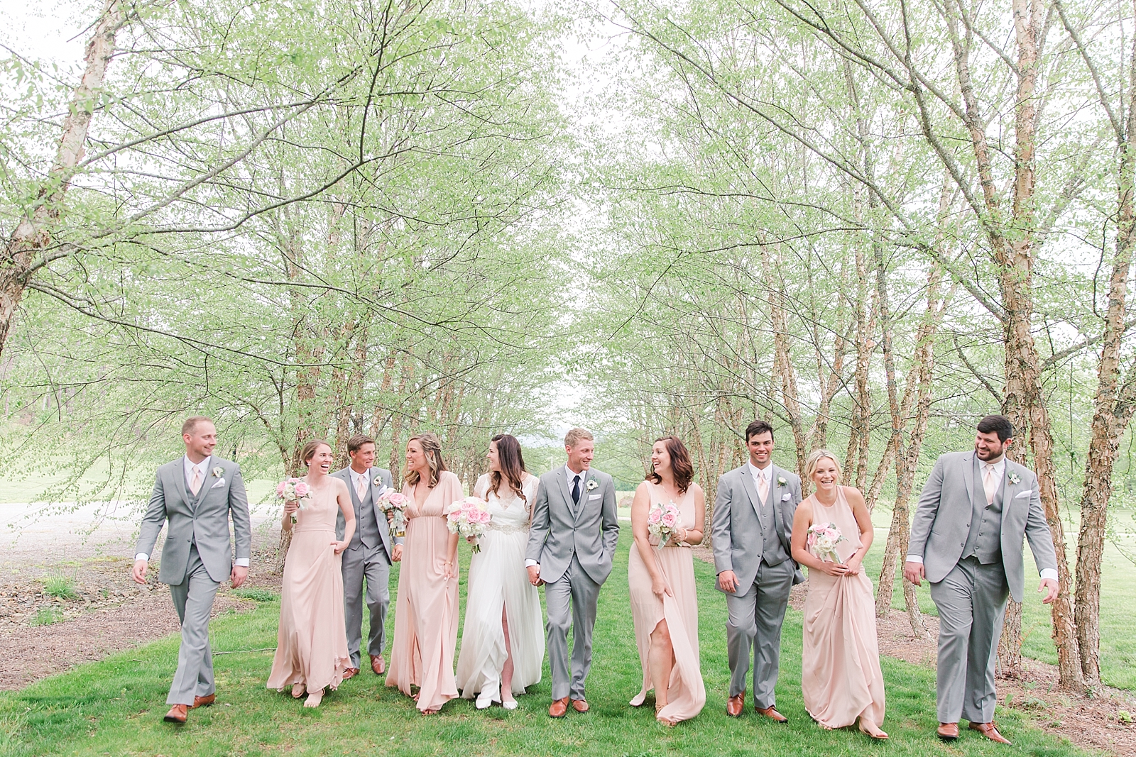 McGuire's Millrace Farm Wedding Bridal Party Laughing and Walking Photo