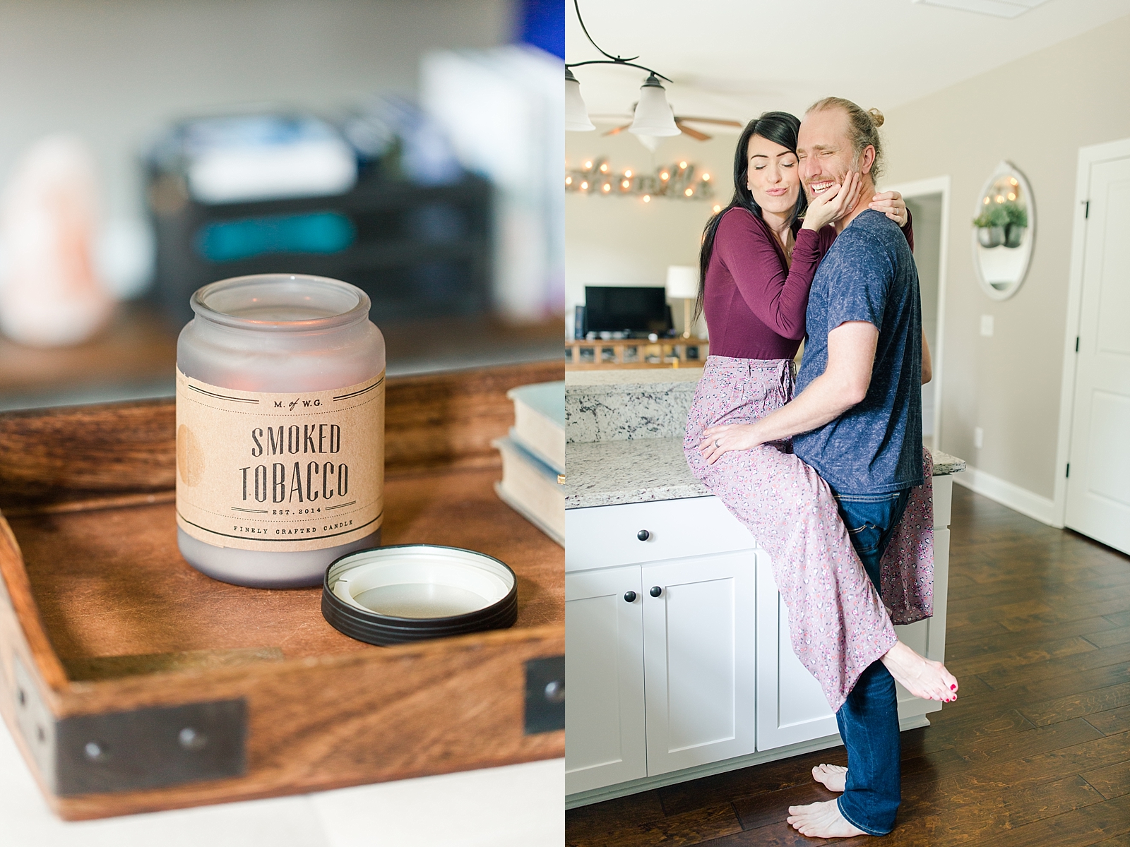 Charleston Lifestyle Session Candle Detail and Couple in Kitchen Photos