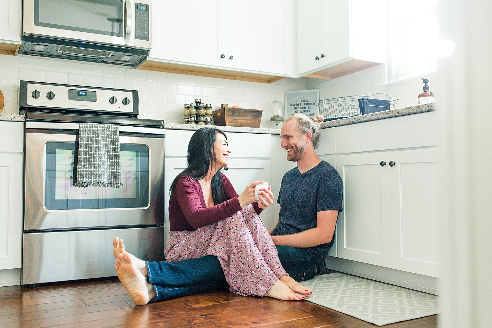Charleston Lifestyle Session Couple Laughing in the Kitchen Drinking Coffee Photo