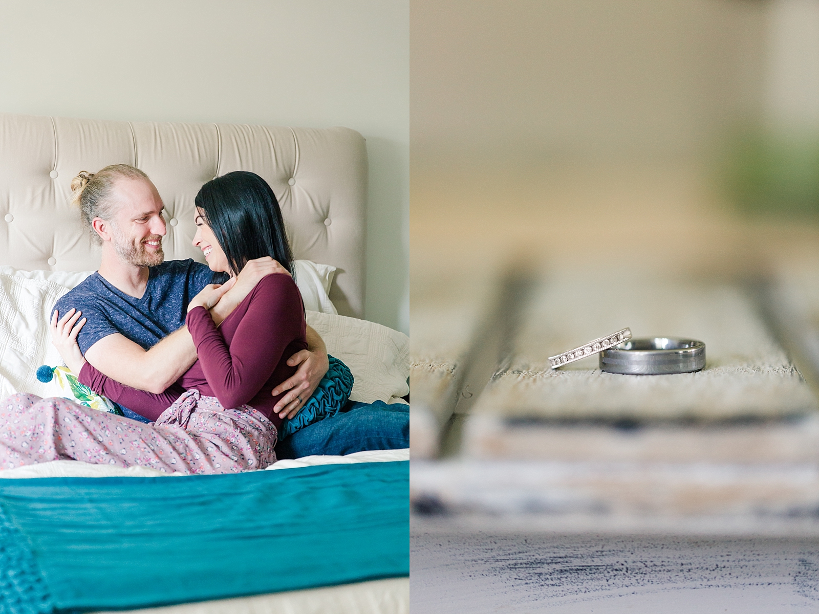 Charleston Lifestyle Session Couple Smiling on Bed and Ring Detail Photos