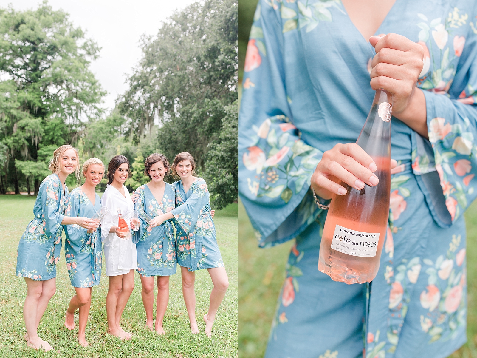 Magnolia Plantation Wedding Bridesmaids in Robes Popping Champaign Photos