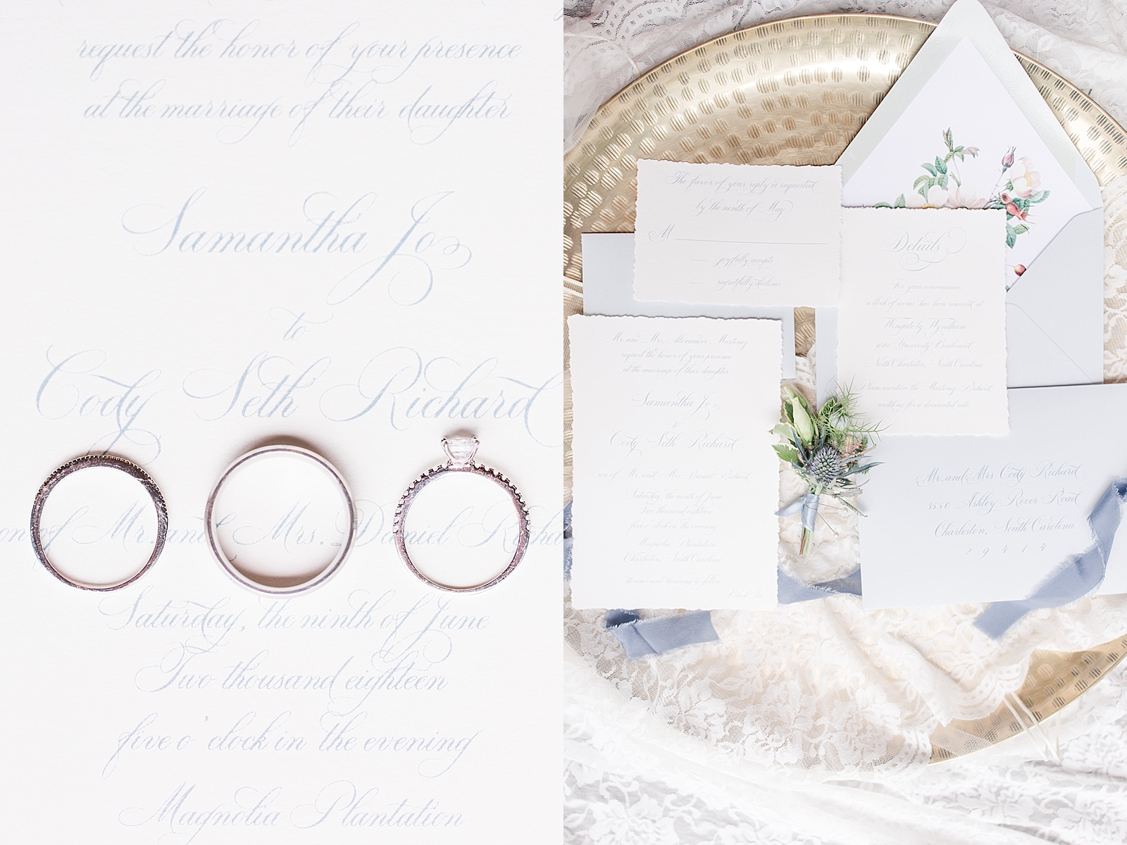Magnolia Plantation Wedding Invitation Suite with Rings and Boutonniere Photos