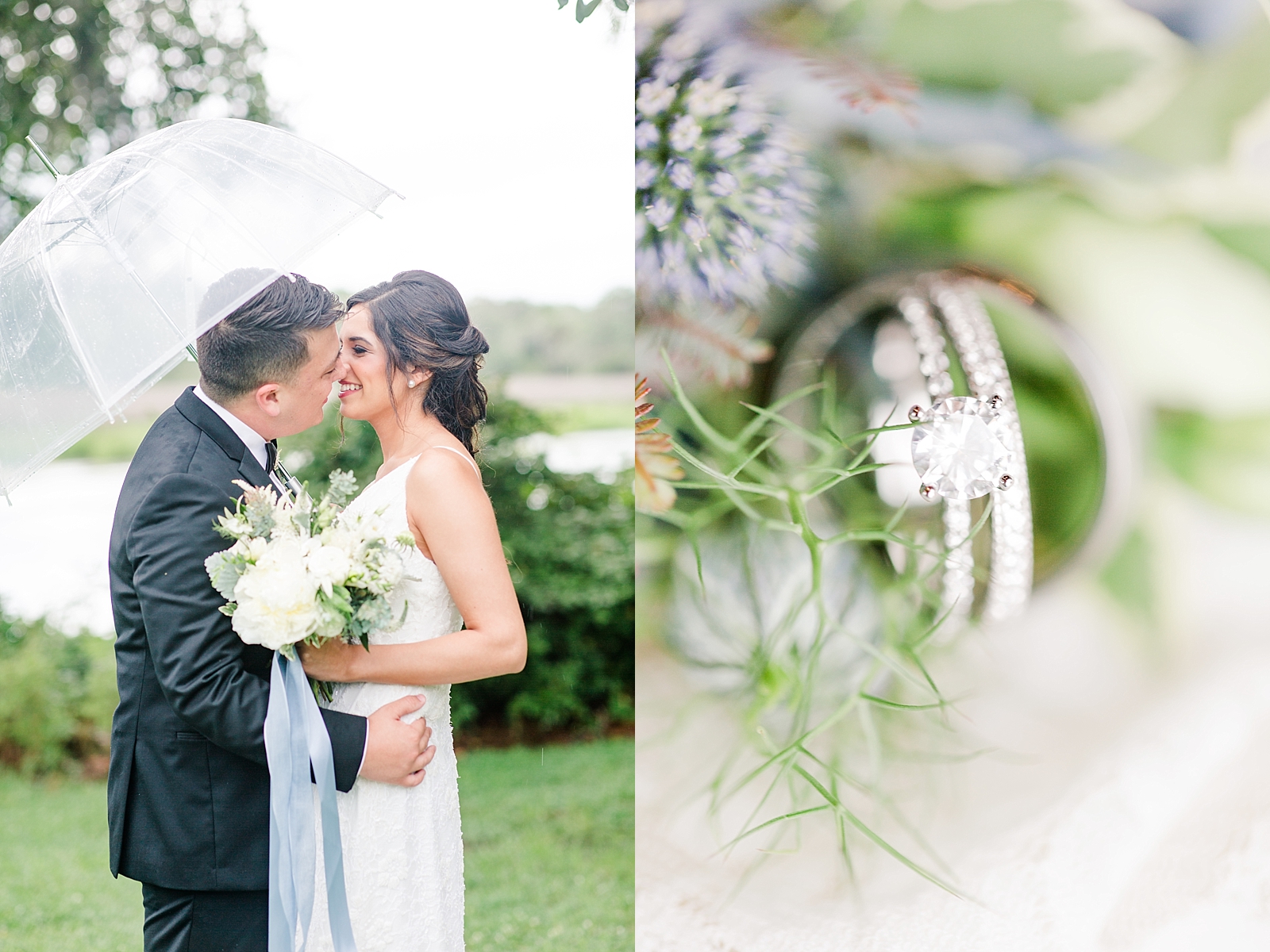 Magnolia Plantation Wedding Bride and Groom Under Umbrella and Ring Detail Photos
