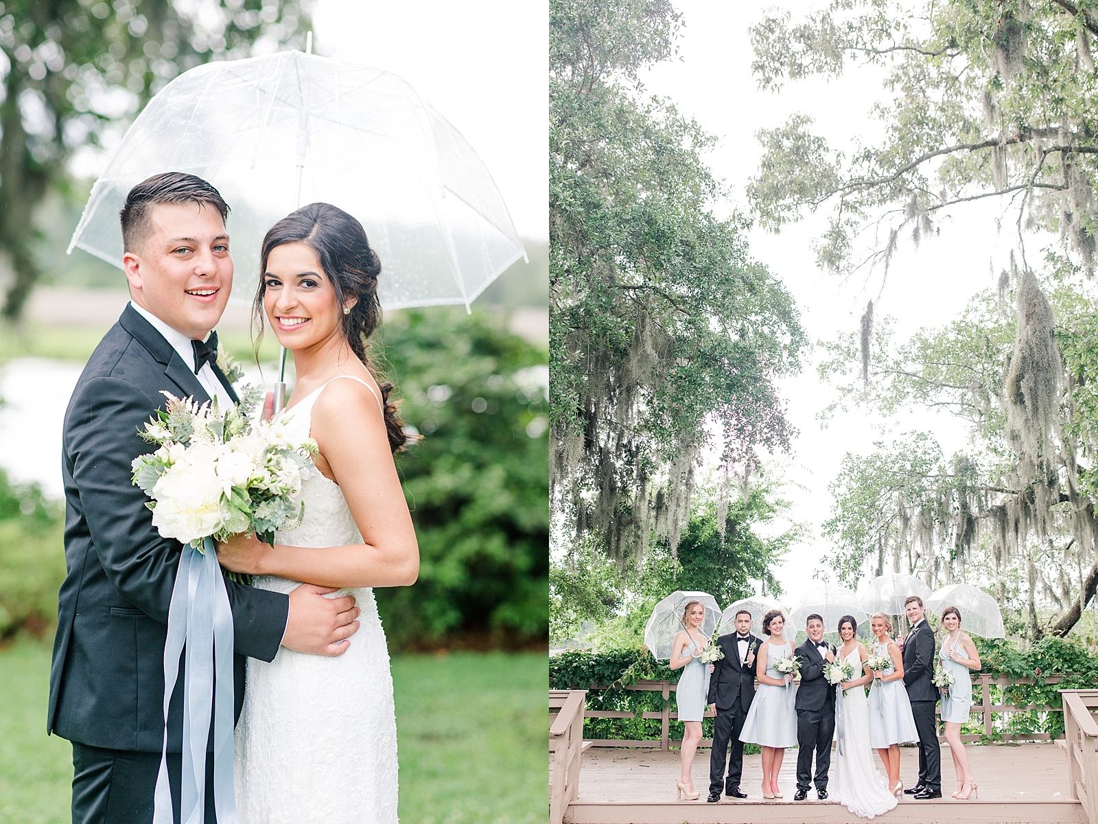 Magnolia Plantation Wedding Bride and Groom Under Umbrella and Bridal Party with Umbrellas Photos