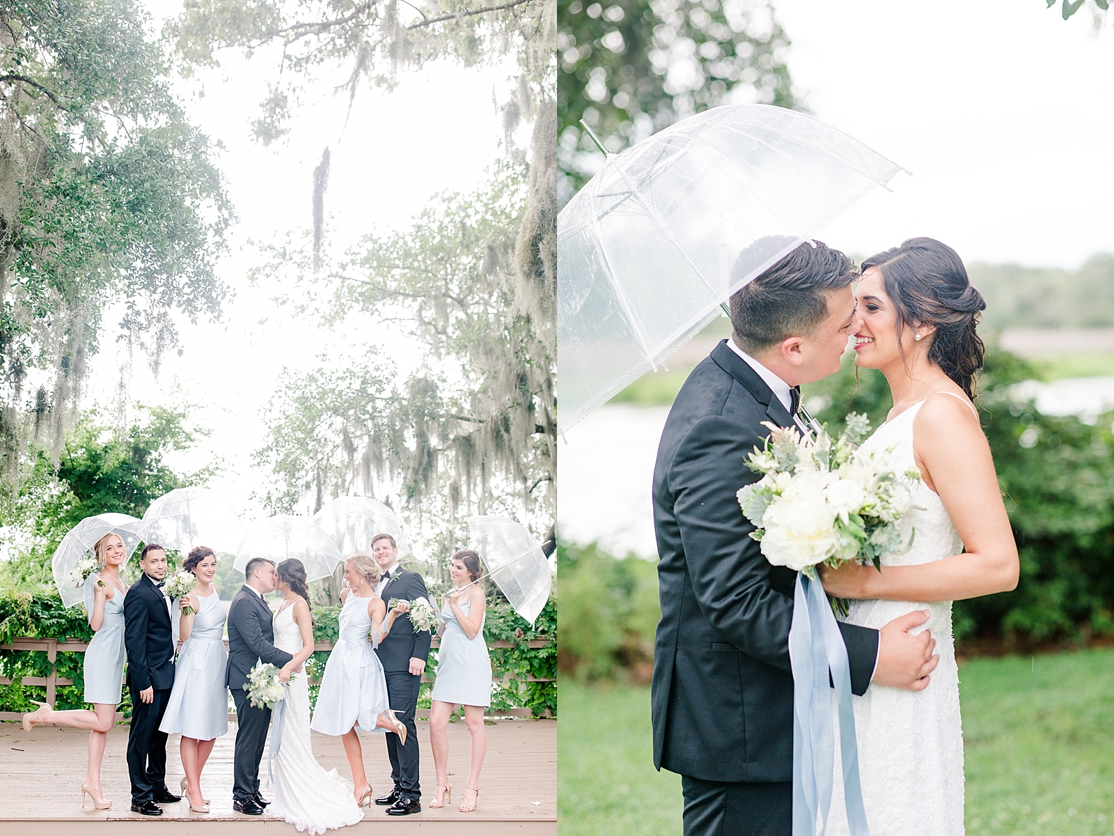 Magnolia Plantation Wedding Bridal Party Under Umbrellas and Bride and Groom Under Umbrella Photos