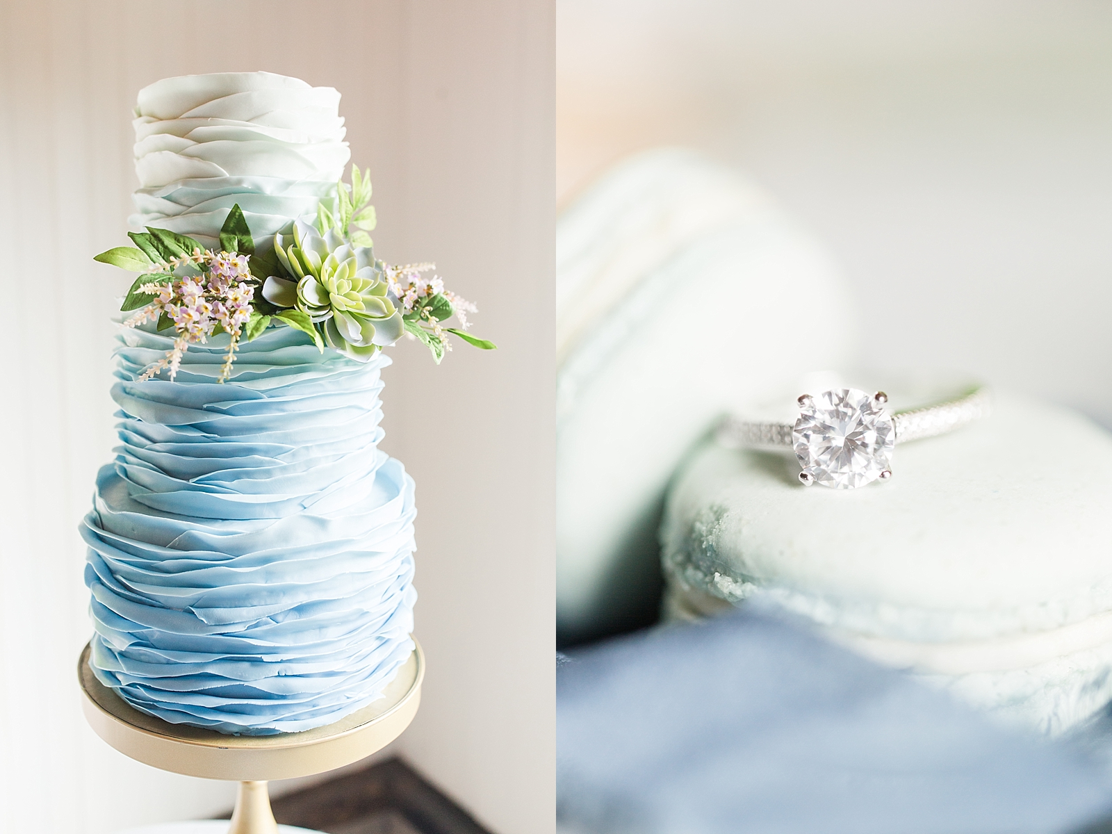 Magnolia Plantation Wedding Cake and Macaroons with Ring Photos