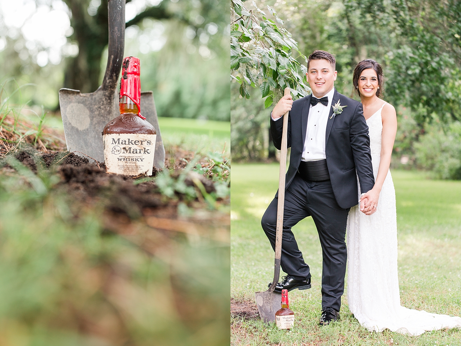 Magnolia Plantation Wedding Makers Mark with Shovel and Bride and Groom Photos