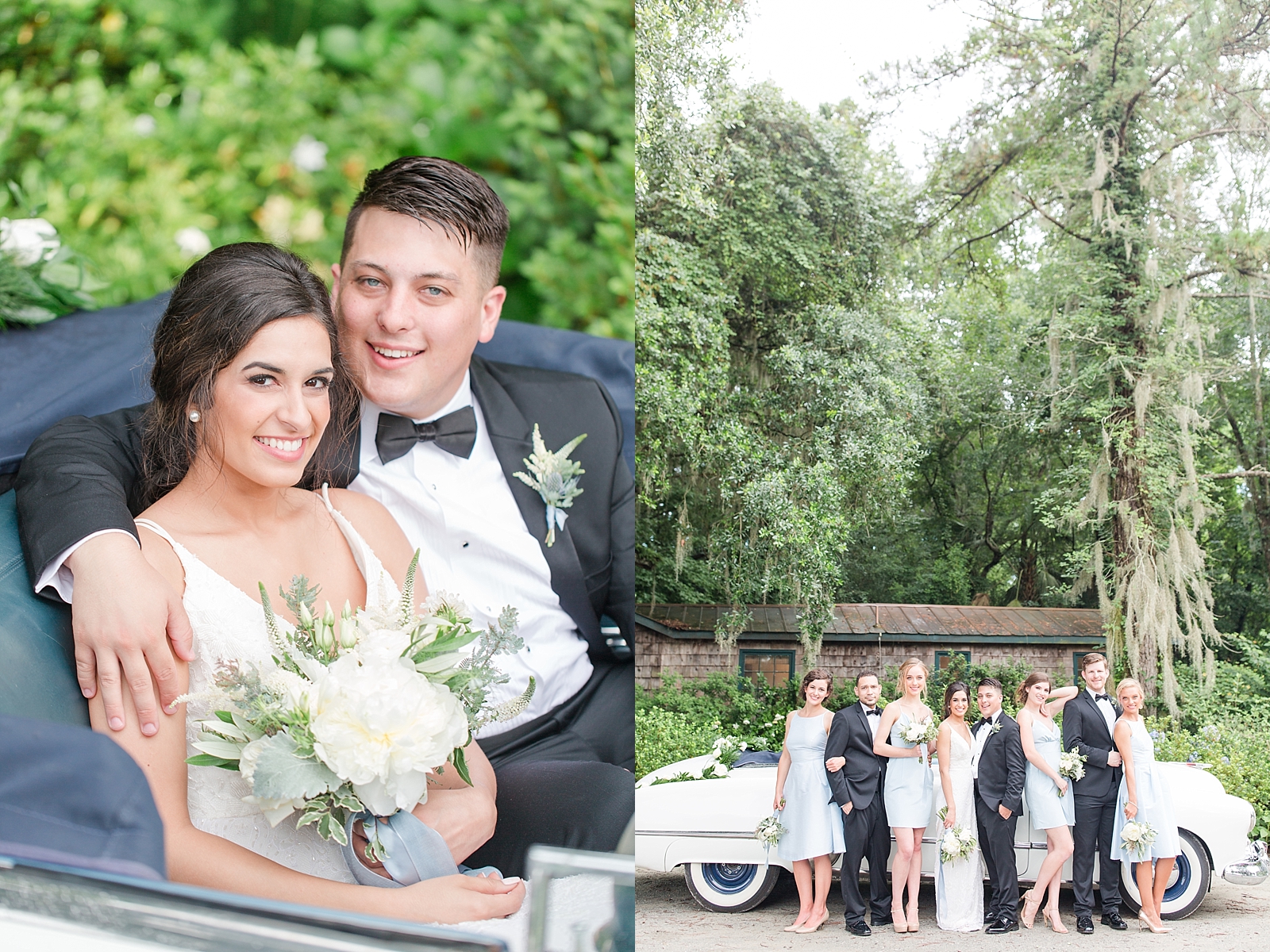 Magnolia Plantation Wedding Bride and Groom in Oldsmobile and Bridal Party Photos