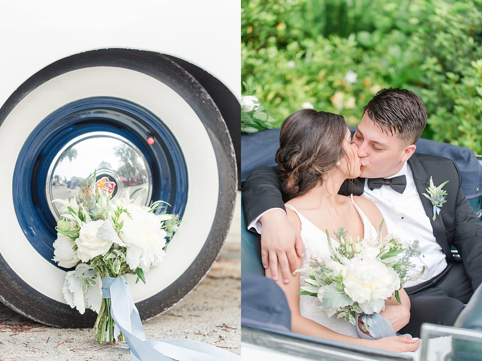 Magnolia Plantation Wedding Oldsmobile Tire with Flowers Detail and Bride and Groom Kissing Photos