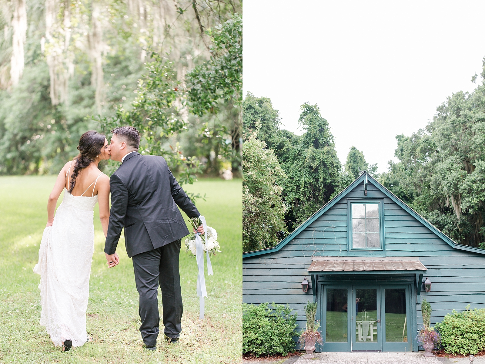 Magnolia Plantation Wedding Bride and Groom Kissing and Carriage House Photos