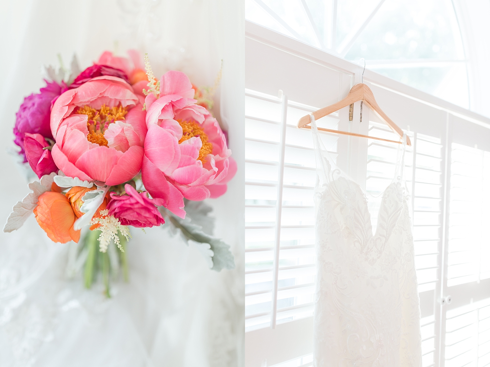 Beaufort South Carolina Wedding detail of pink bridal bouquet and brides dress hanging on window Photos