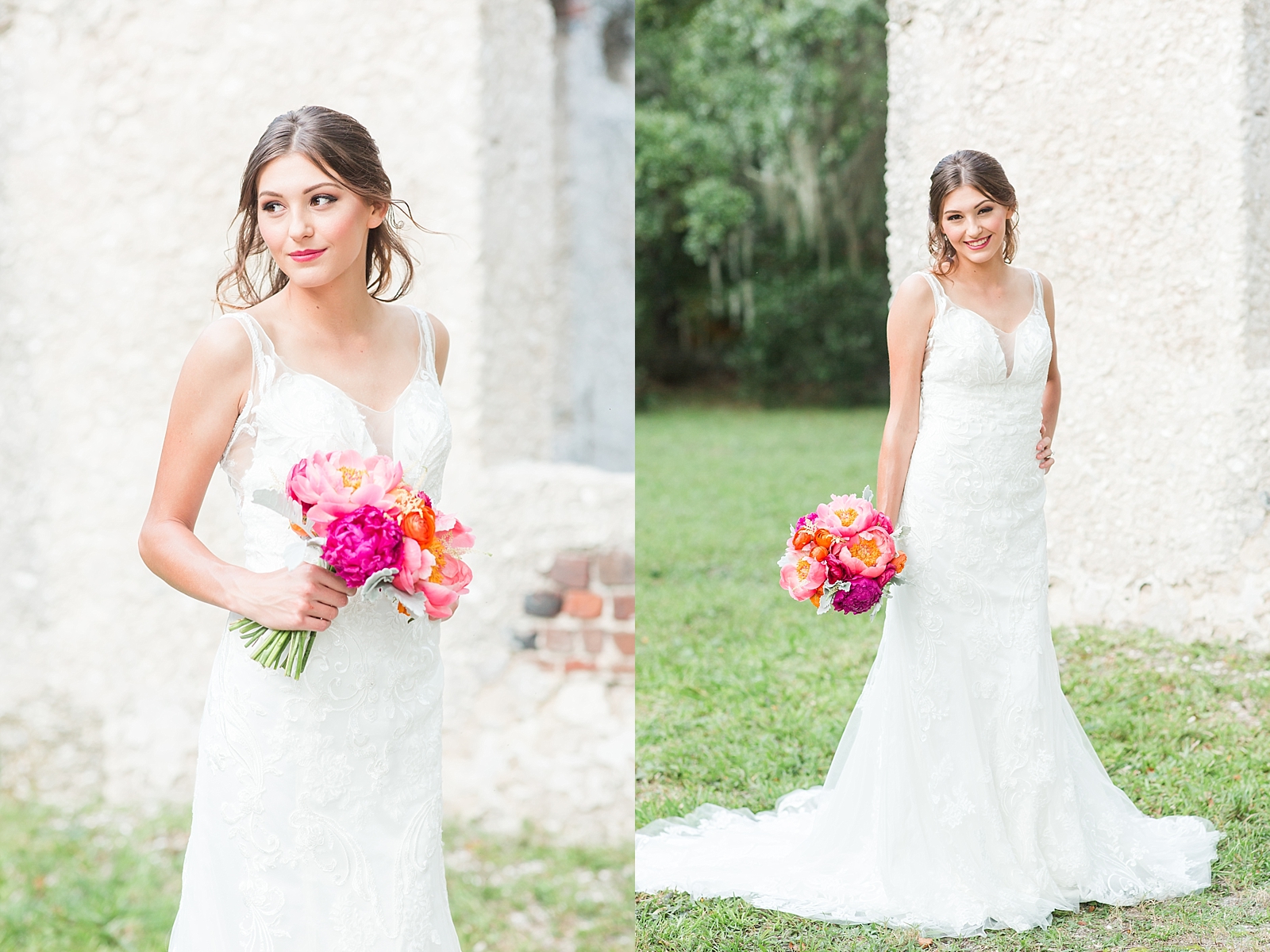 Beaufort South Carolina Wedding bridal portrait with bring pink flowers Photos