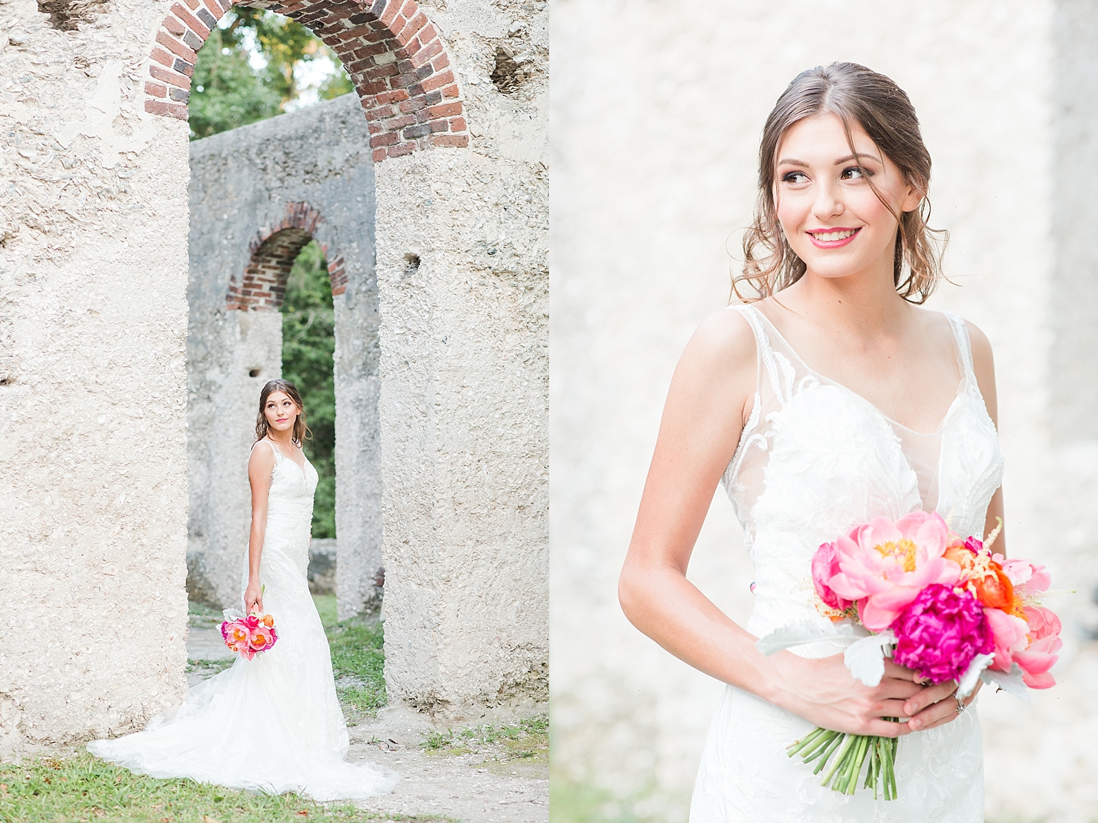 Beaufort South Carolina Wedding bride smiling with pink bouquet Photos