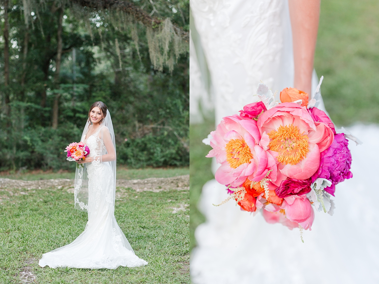 Beaufort South Carolina Wedding bride smiling with veil over shoulders and bridal bouquet detail Photos