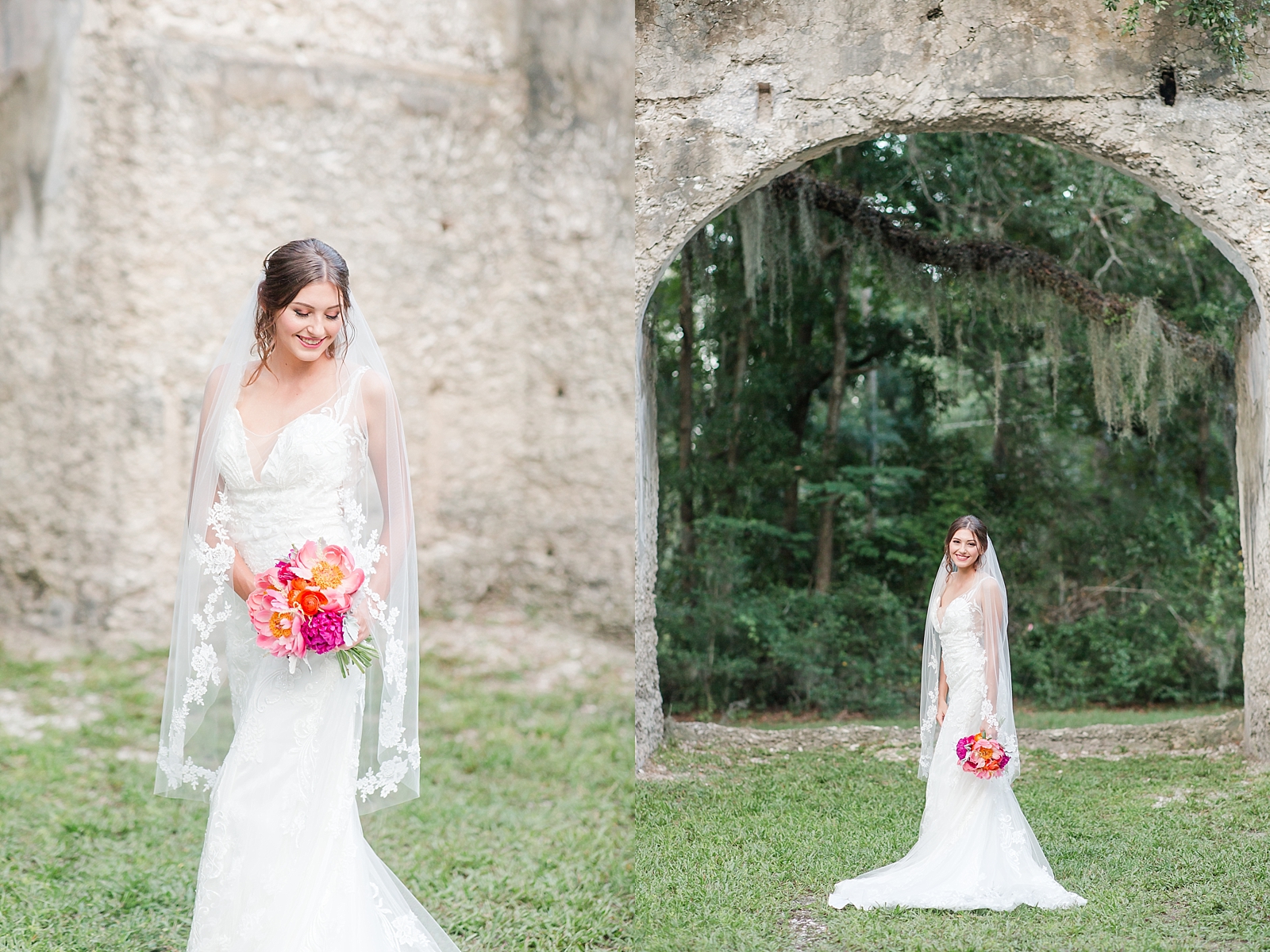 Beaufort South Carolina Wedding bride with pink bouquet and veil over shoulders Photos