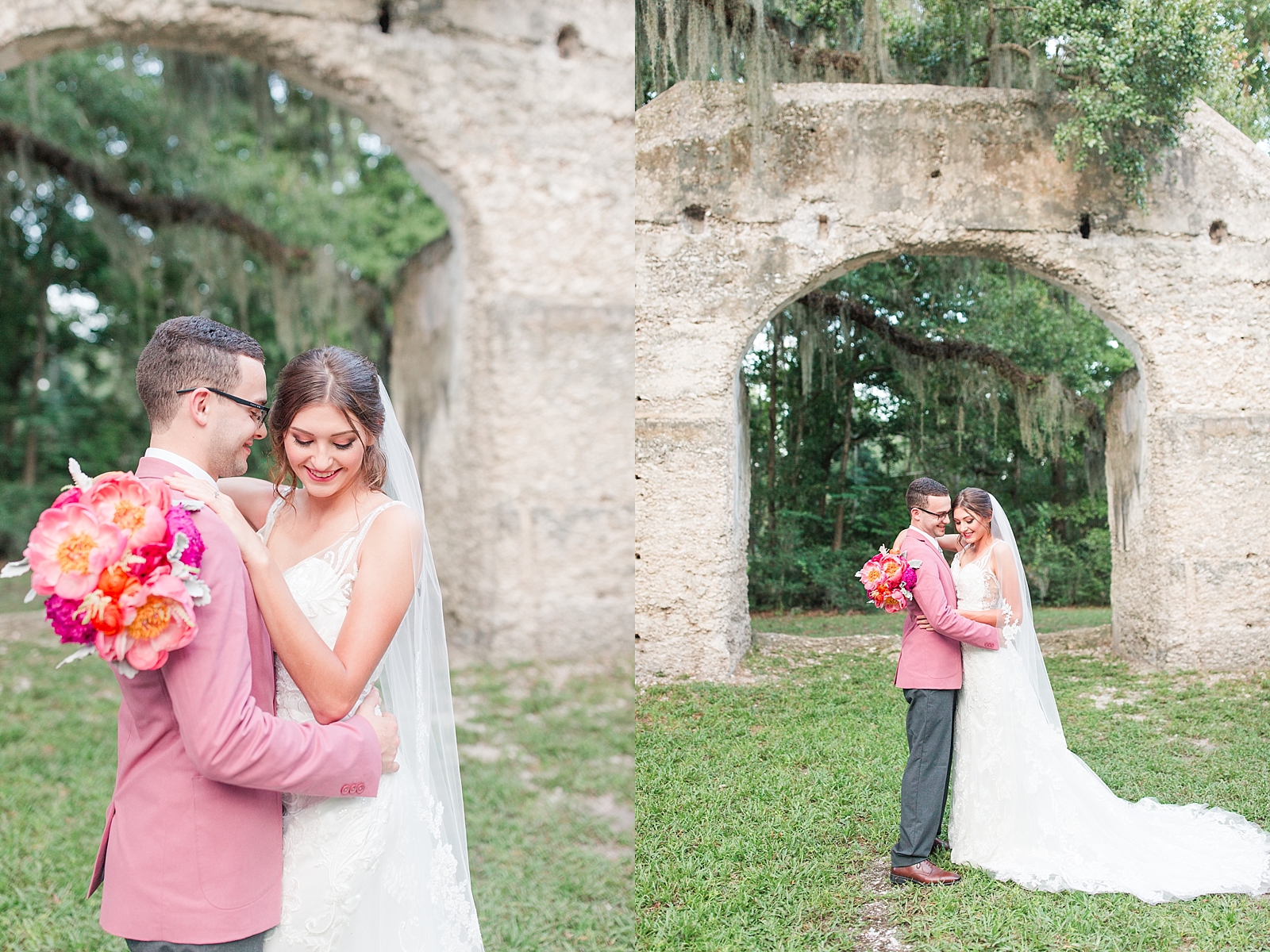 Beaufort South Carolina Wedding bride and groom holding each other under chapel arch Photo