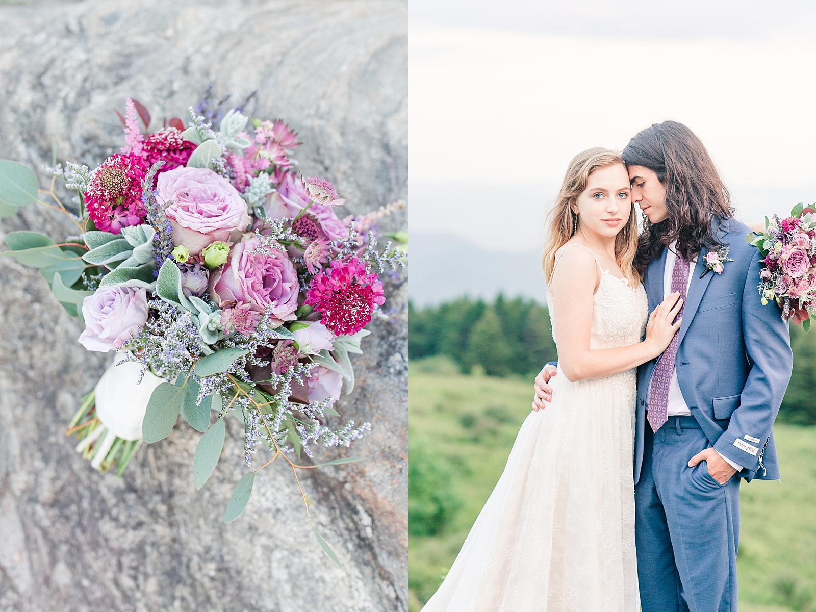 Black Balsam Knob Elopement Flower detail and Bride and Groom Embracing each other Photos