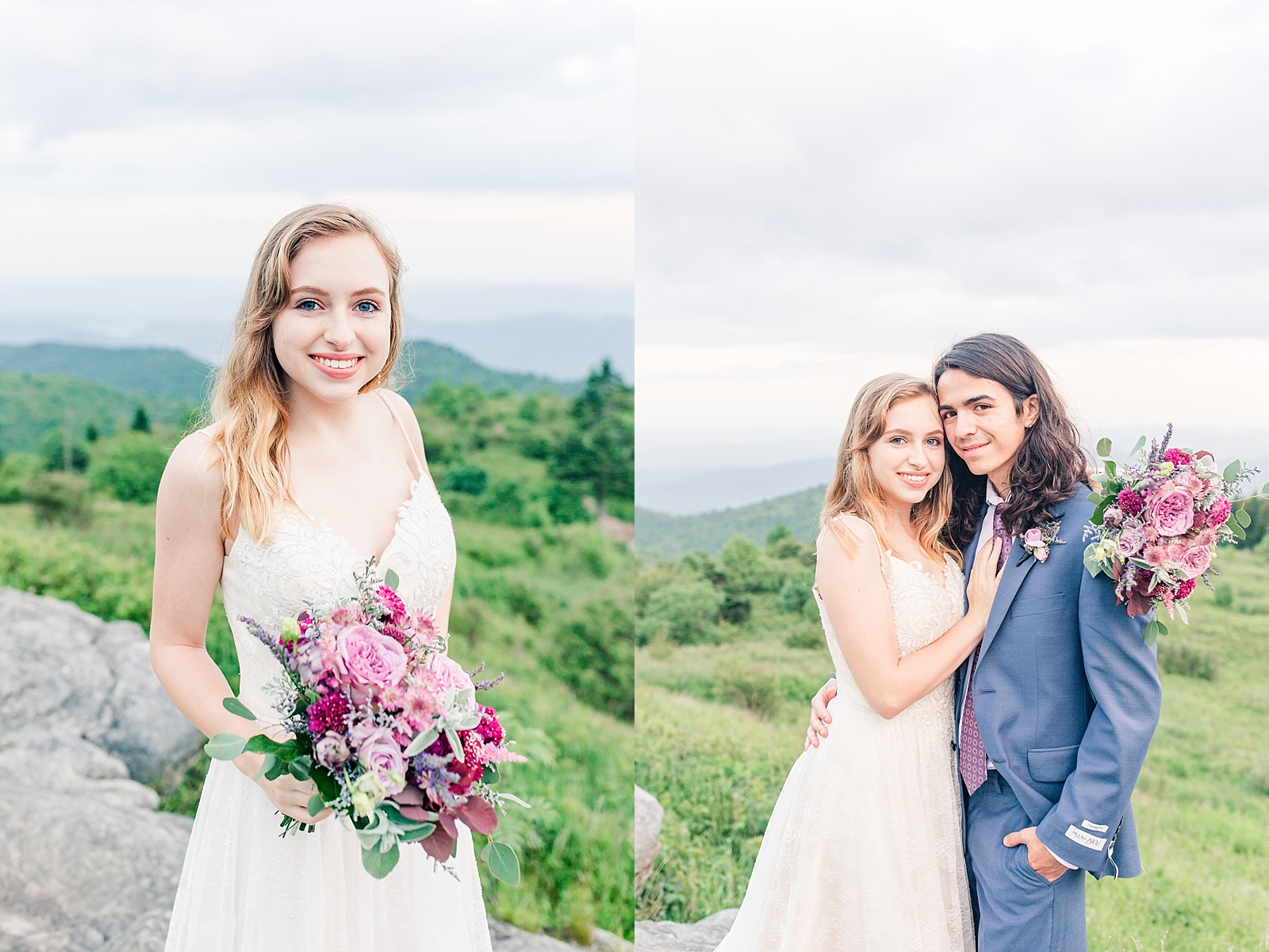 Black Balsam Knob Elopement Bridal Portrait with bouquet and bride and groom smiling at the camera Photos