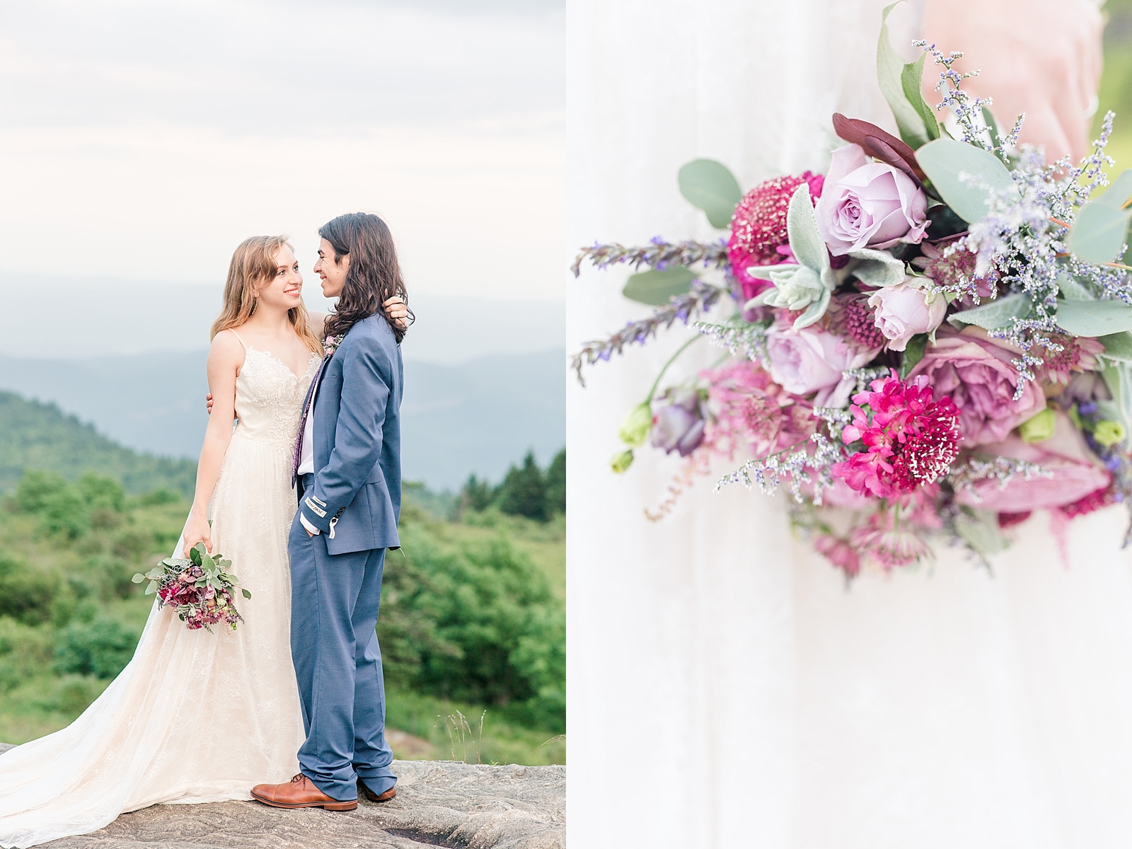 Black Balsam Knob Elopement Andrew and Emma looking at each other and flower detail Photos 