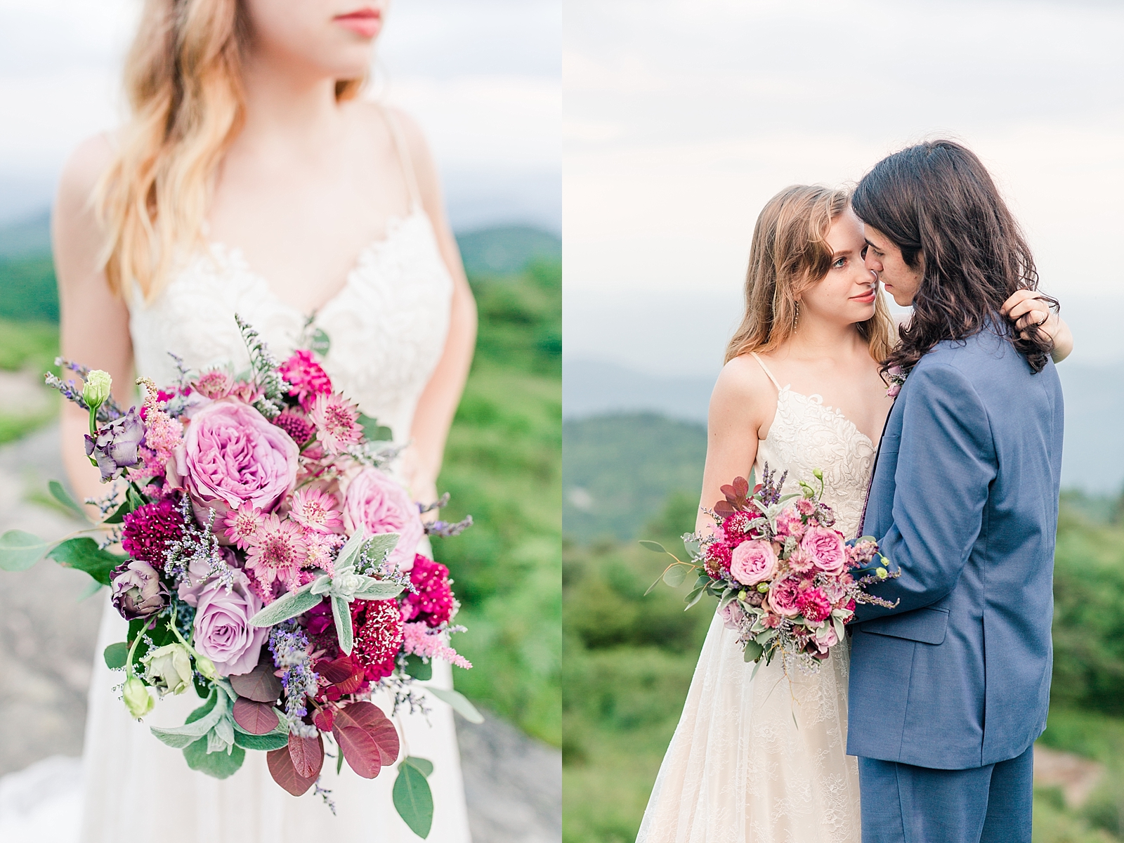Black Balsam Knob Elopement Bridal Bouquet detail and Emma and Andrew nose to nose Photos