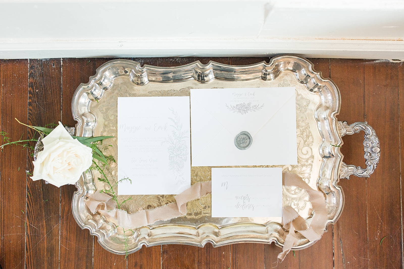 Atlanta Georgia Wedding Invitation Suite on a silver platter with white rose and ribbon Photo