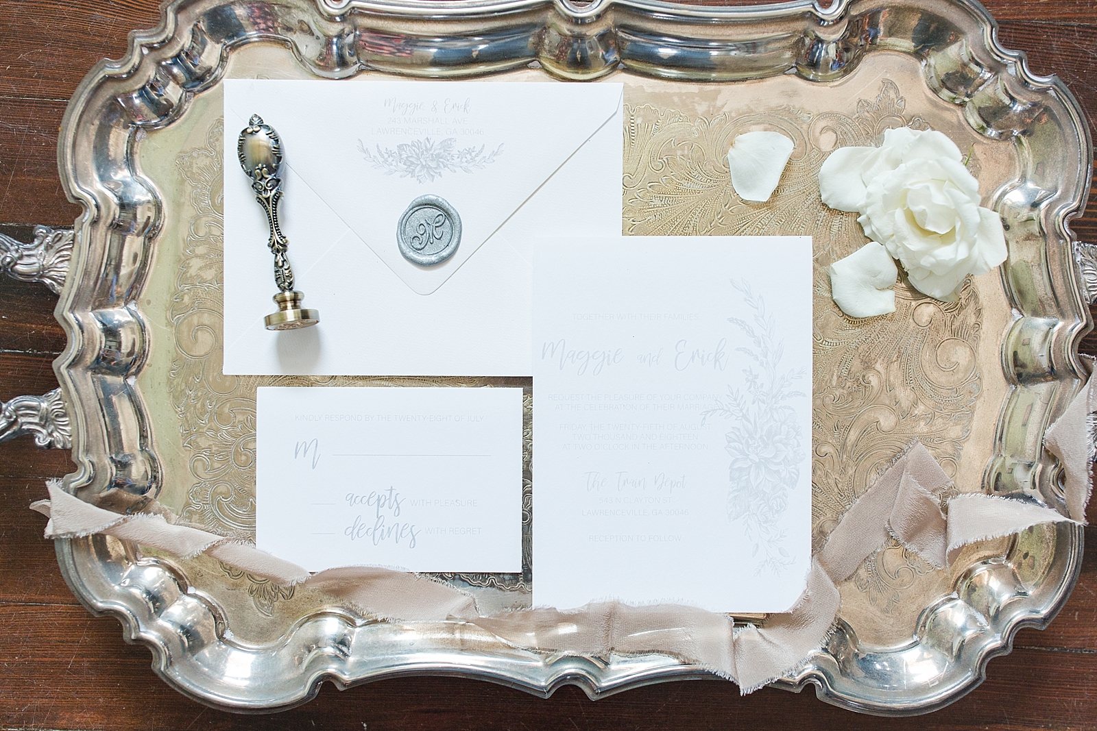 Atlanta Georgia Wedding wedding invitation suite on silver platter Photo