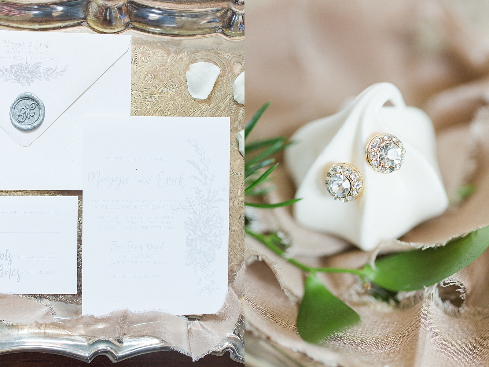 Atlanta Georgia Wedding detail of invitation suite on silver tray and diamond earrings in a Meringue Photos