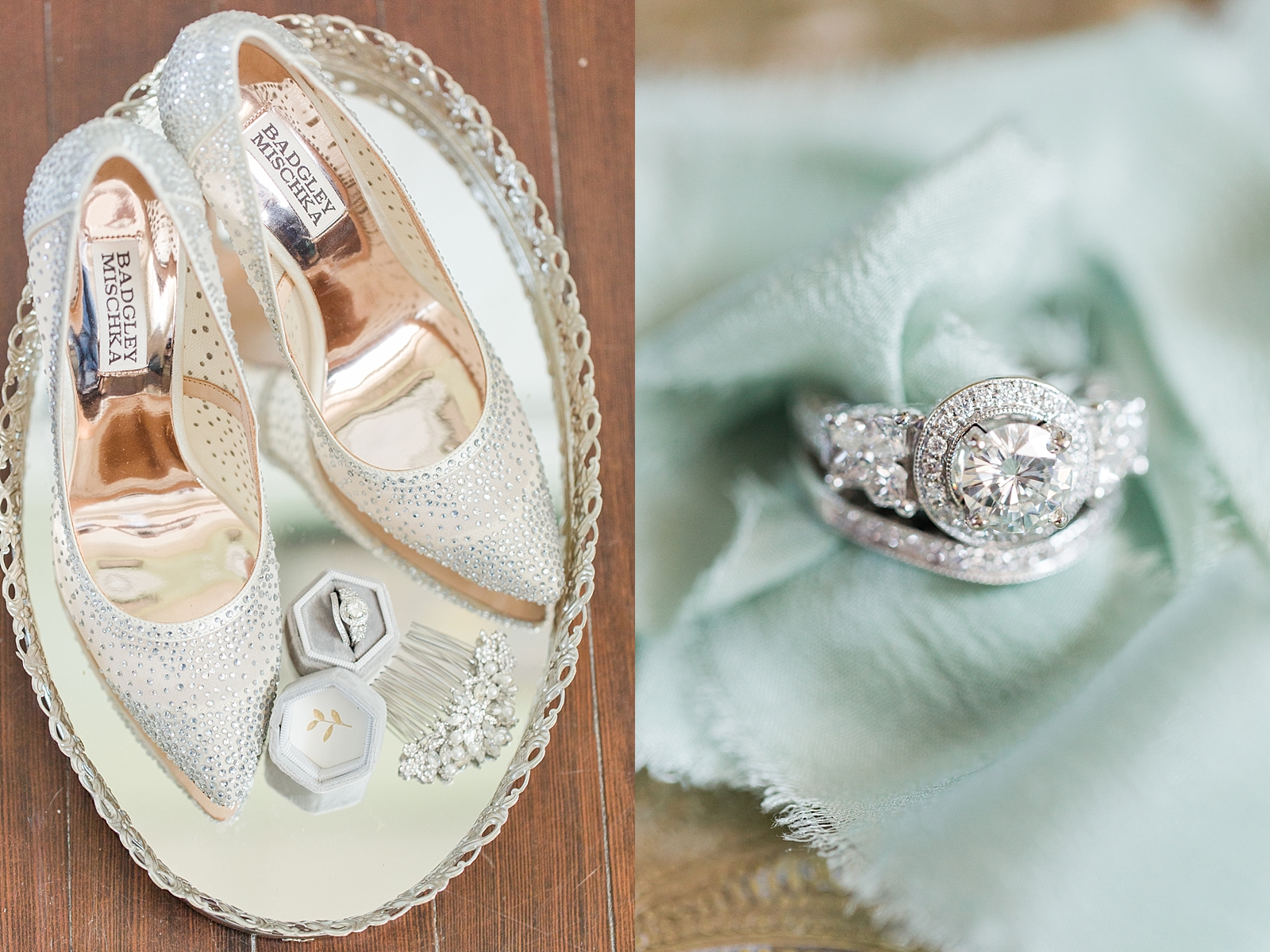 Atlanta Georgia Wedding Bridal shoes rings and comb on mirror tray and engagement ring on green ribbon Photos