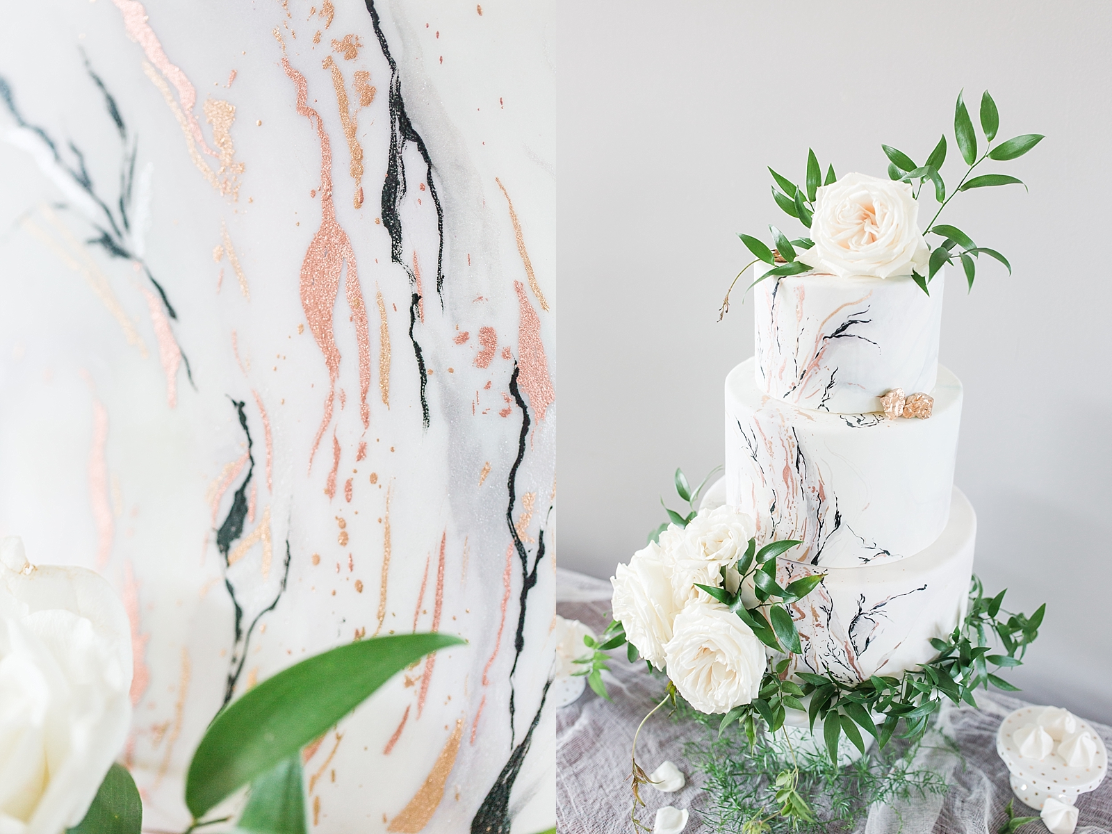 Atlanta Georgia Wedding cake detail and wedding cake with white rose and gold leafing Photos