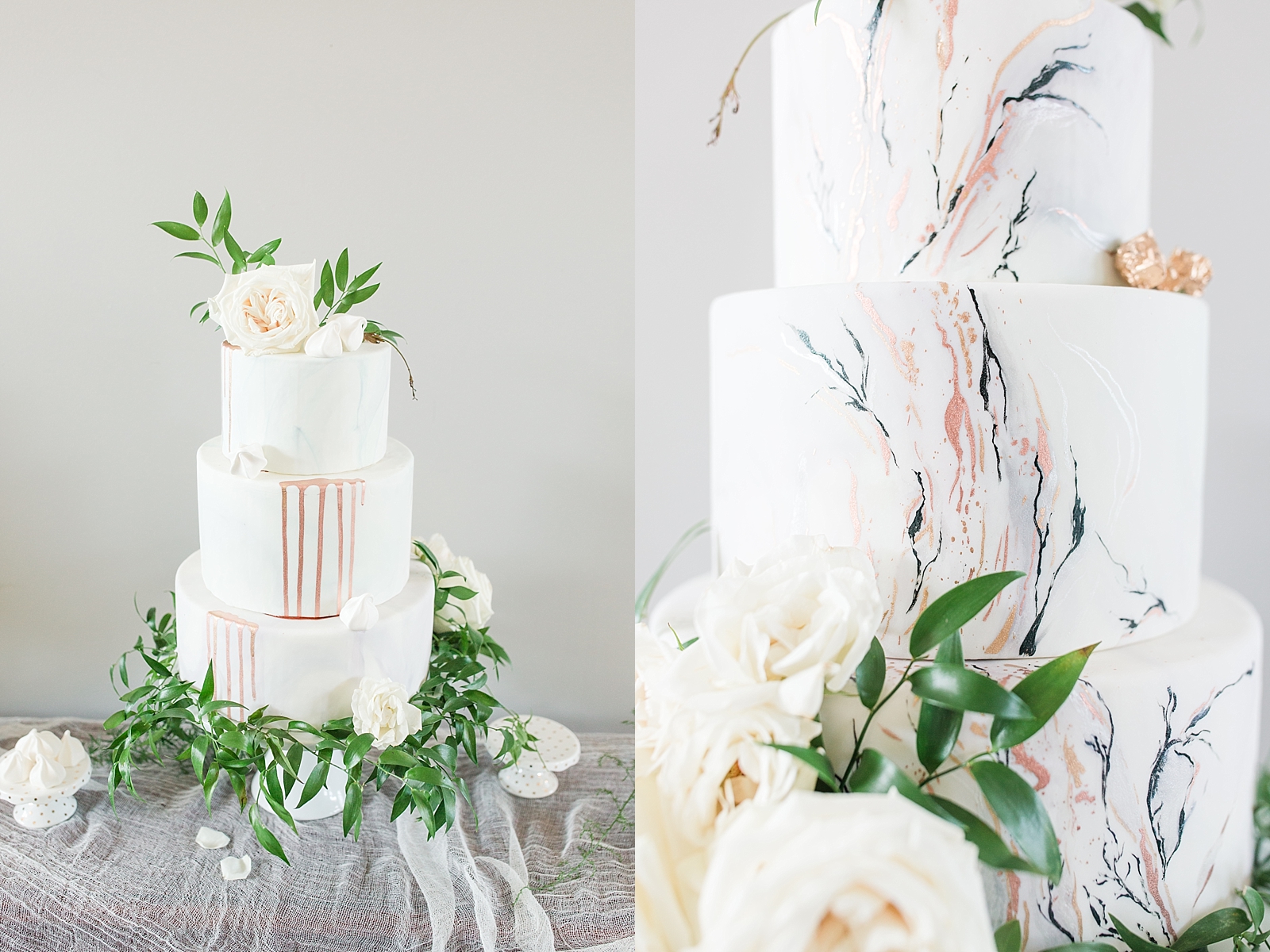 Atlanta Georgia Wedding cake with gold drips on side and gold leafing on the other side with white roses Photos