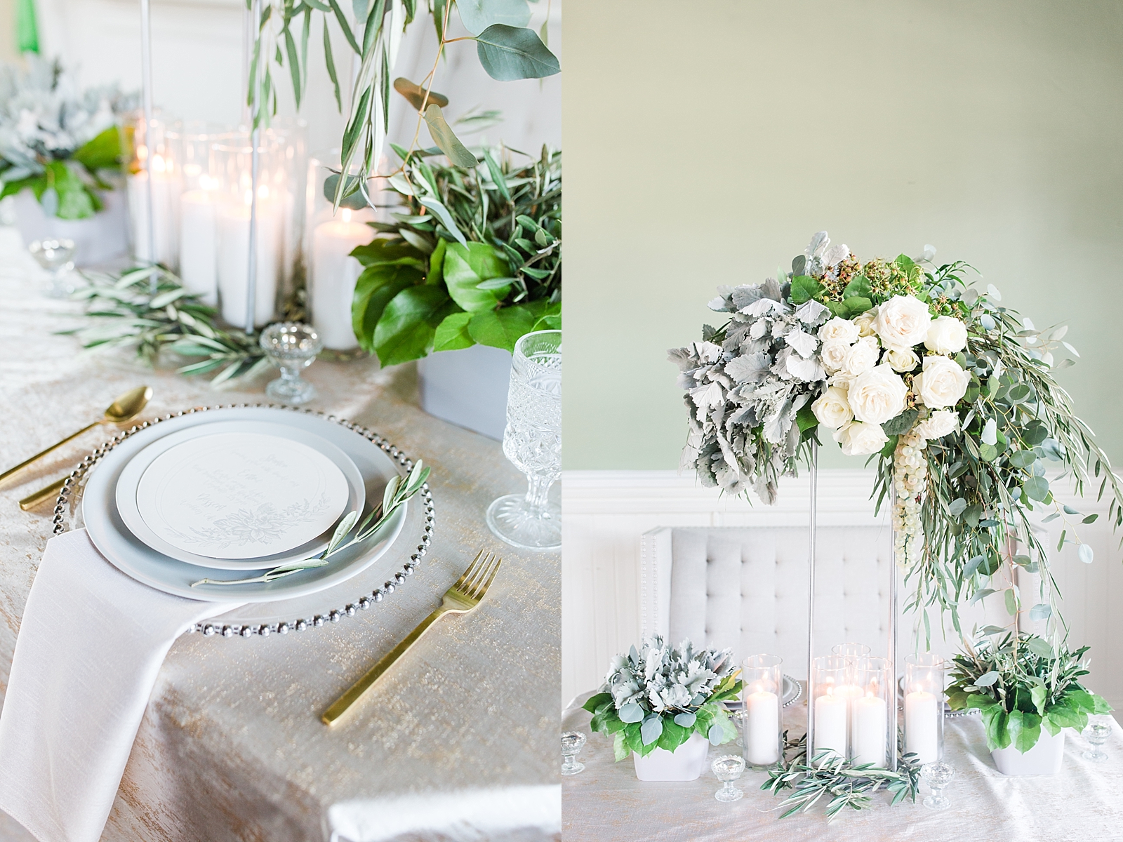 Atlanta Georgia Wedding reception table setting with grey plates and gold utensils Photos