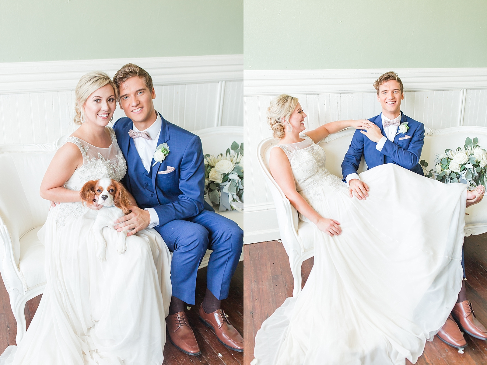 Atlanta Georgia Wedding Bride and Groom holding puppy smiling at the camera and couple sitting on couch laughing at each other Photos