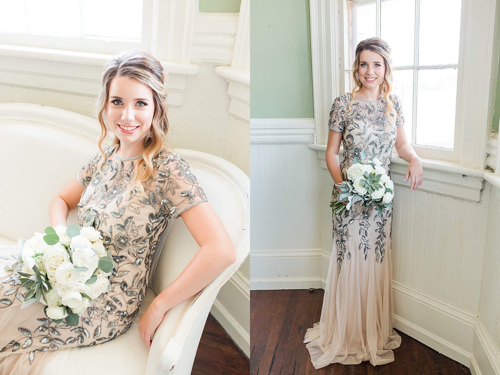Atlanta Georgia Wedding bride on white couch holding bouquet and standing by window Photos