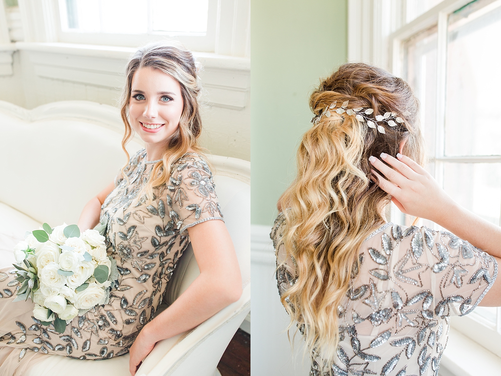 Atlanta Georgia Wedding bride sitting on couch smiling at camera with bouquet and detail of bridal hair Photos