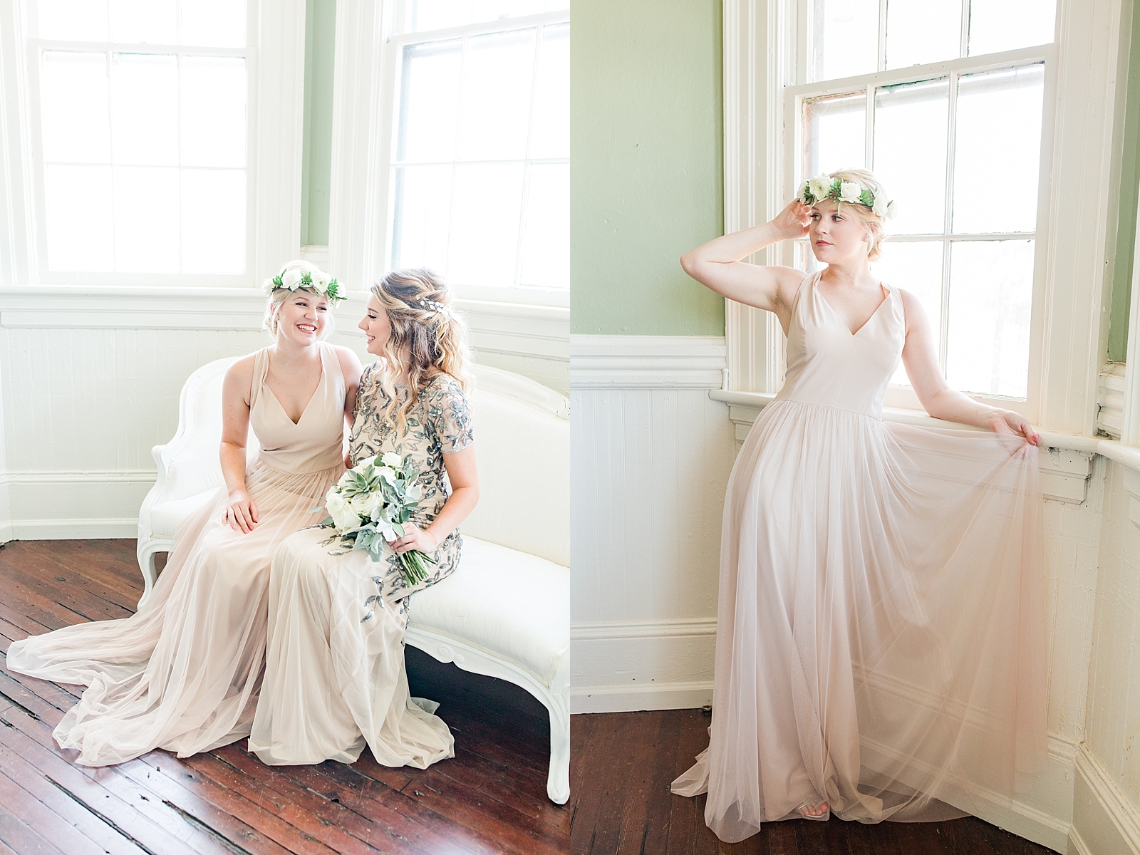 Atlanta Georgia Wedding bride and bridesmaid laughing on couch and bridesmaid by window Photos