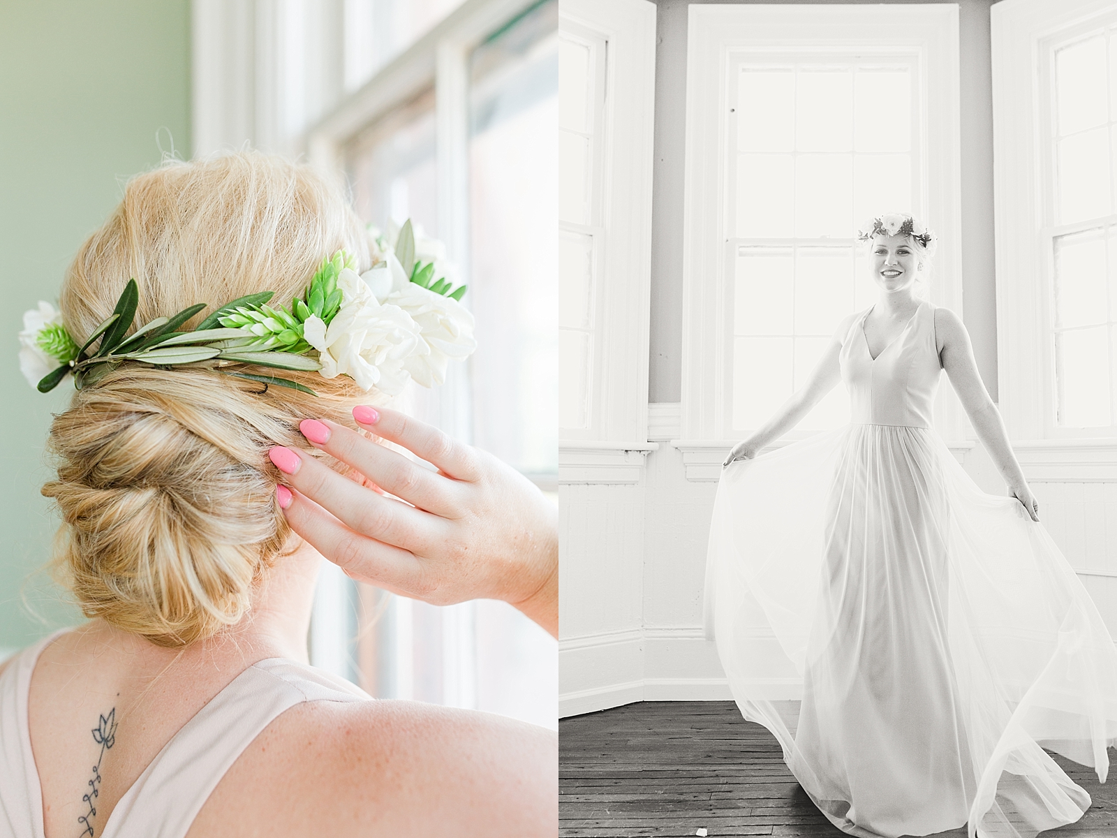 Atlanta Georgia Wedding bridesmaid hair updo with flower crown detail and black and white of bridesmaid spinning Photos