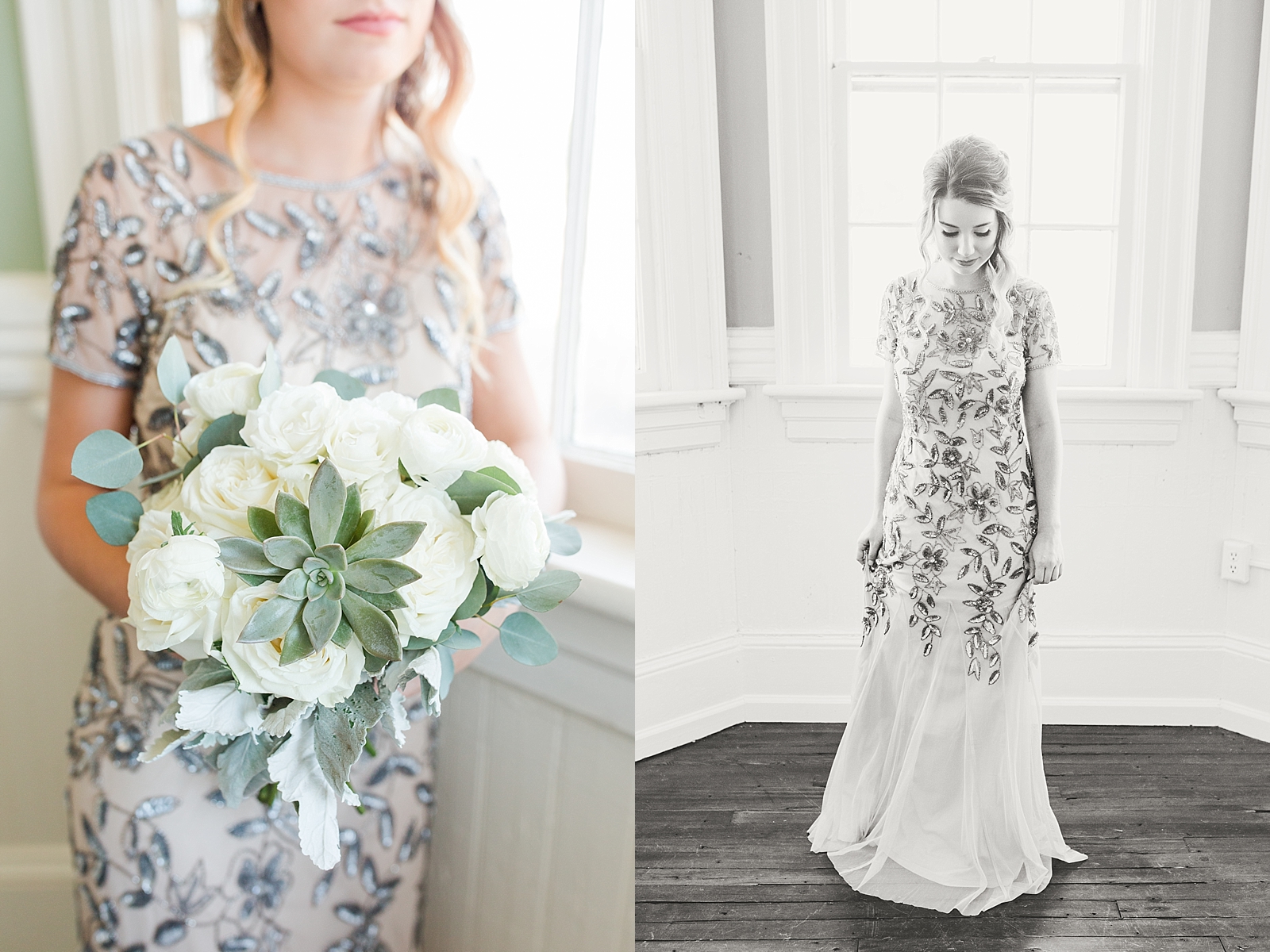 Atlanta Georgia Wedding bride holding flowers with succulent detail of bouquet and black and white of bride in front of window Photos