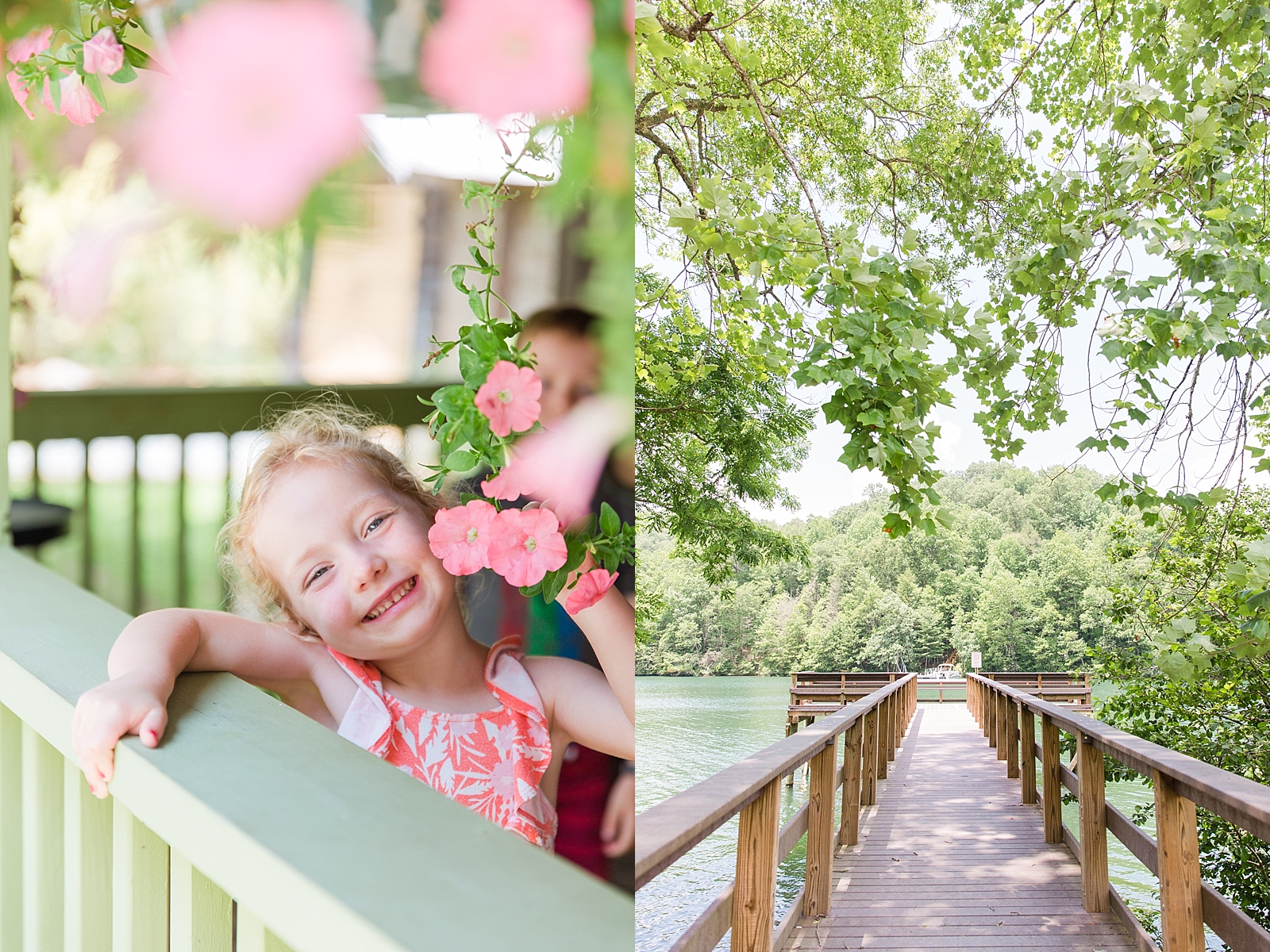 Nantahala Lake Little girl smiling with pink flowers and dock out the the lake photos