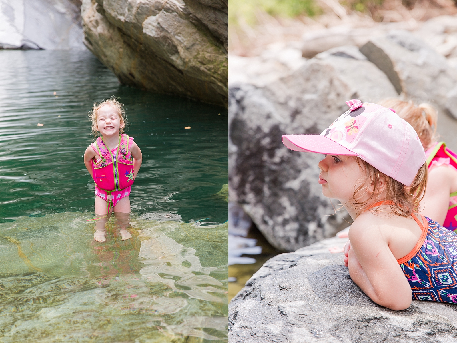Nantahala Lake little girl smiling in life jacket in water and little girl sunbathing on rock photos