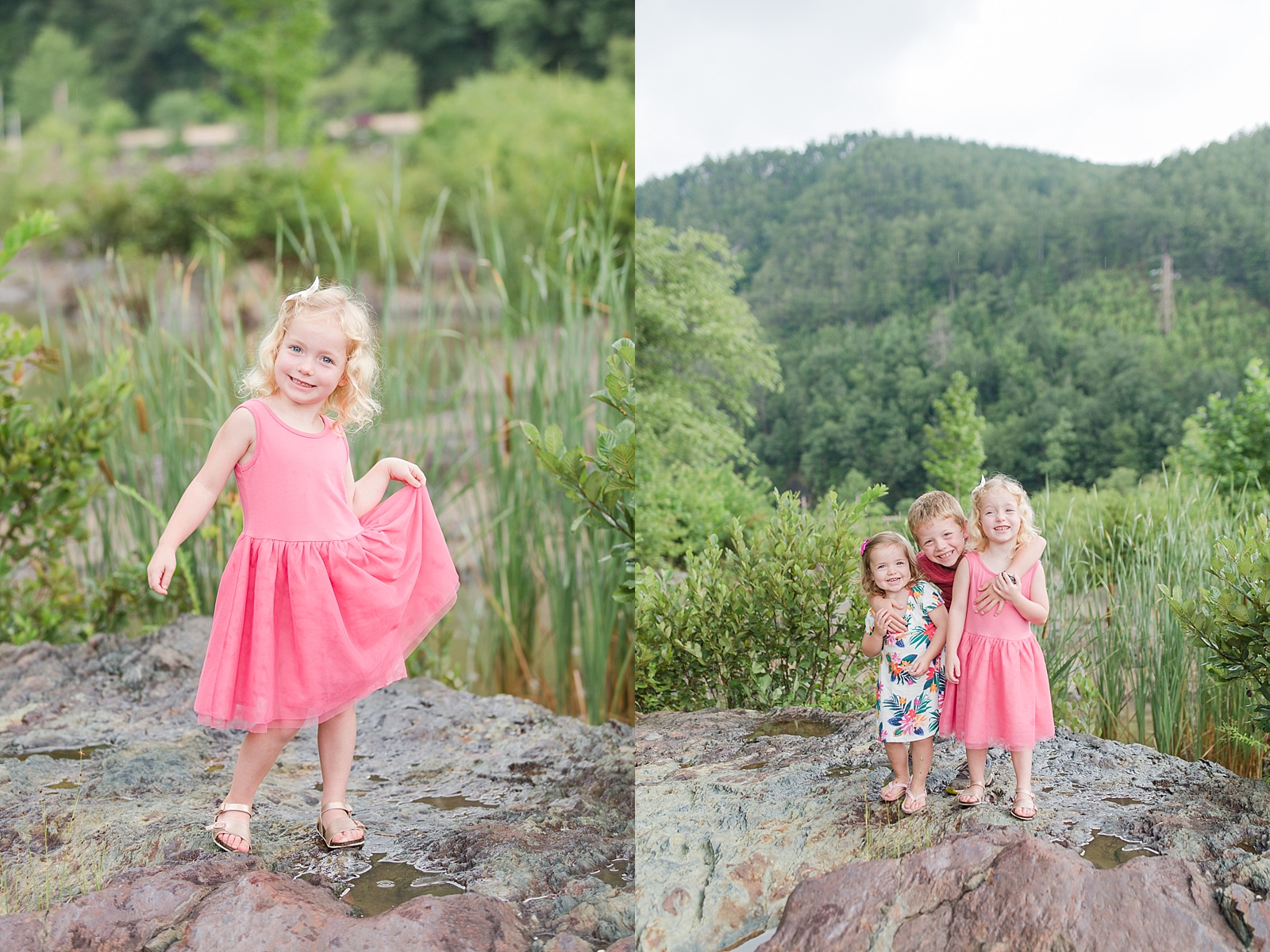 Little girl holding dress and three kids hugging at the Ocoee River Photos