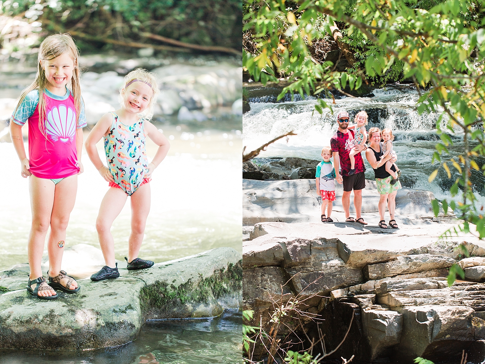 Nantahala River best friends standing on rock and family photo on top of rocks in front of waterfall photos