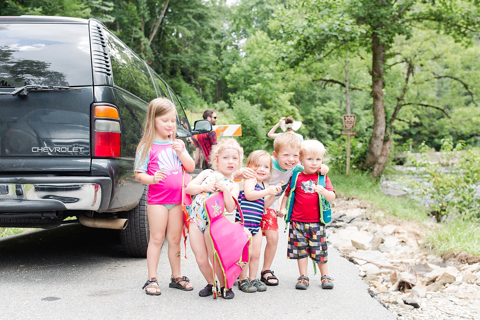 Nantahala River group of little kids with SUV in the background photo